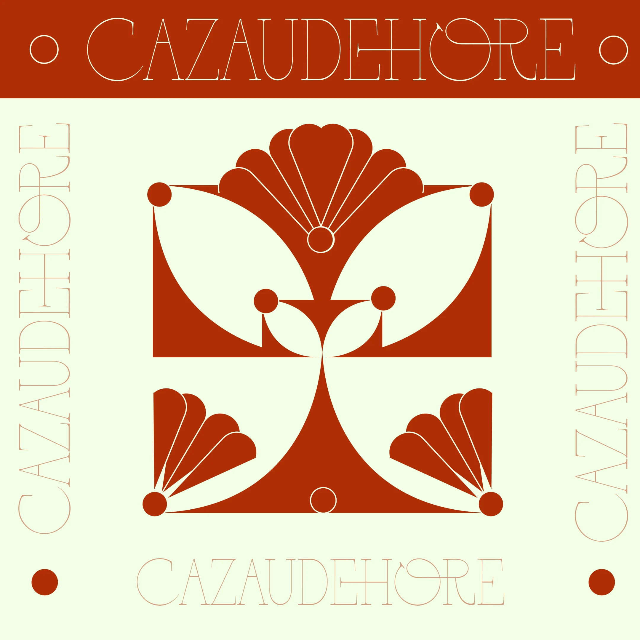 Composition Cazaudehore cuivrée et vert pâle associant une fleur géométrique au dessin du nom, direction alternative
