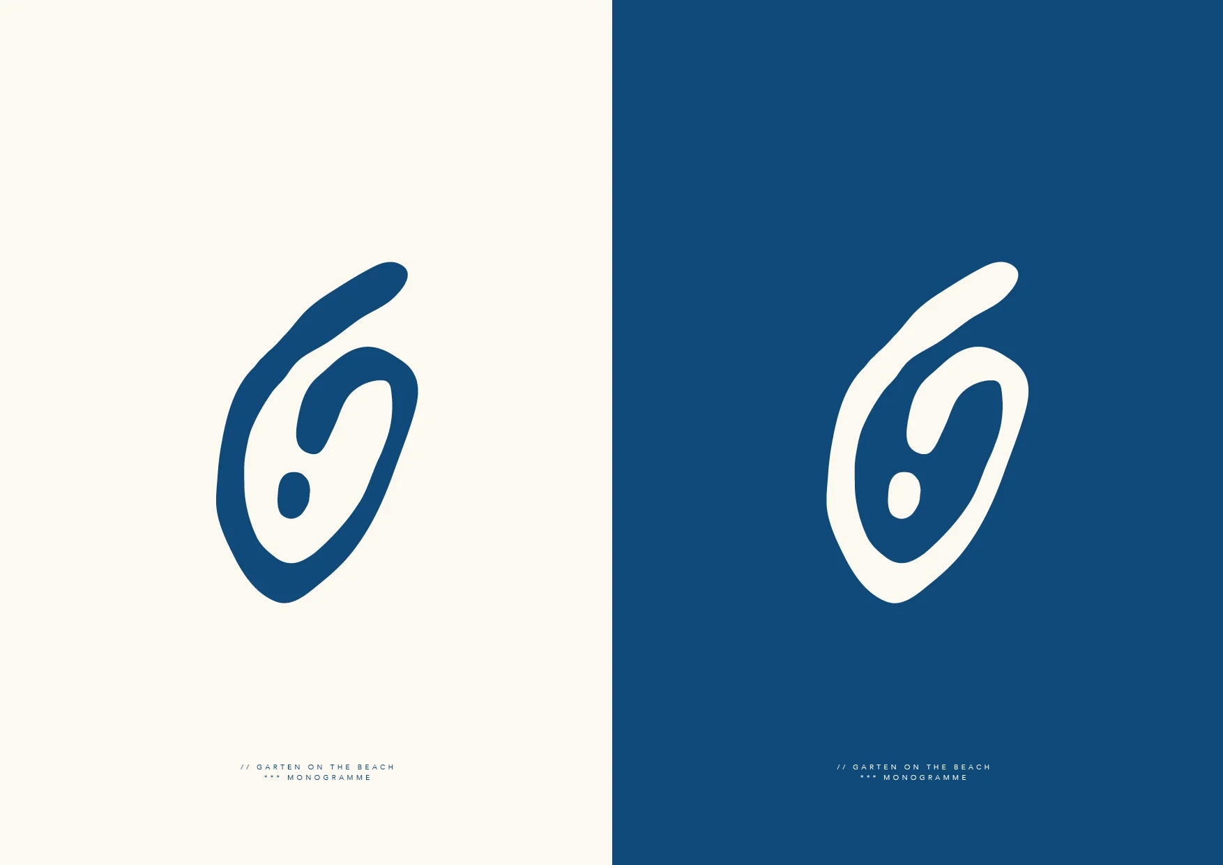 Planche de marque présentant le monogramme G de Garten On The Beach en bleu et en blanc