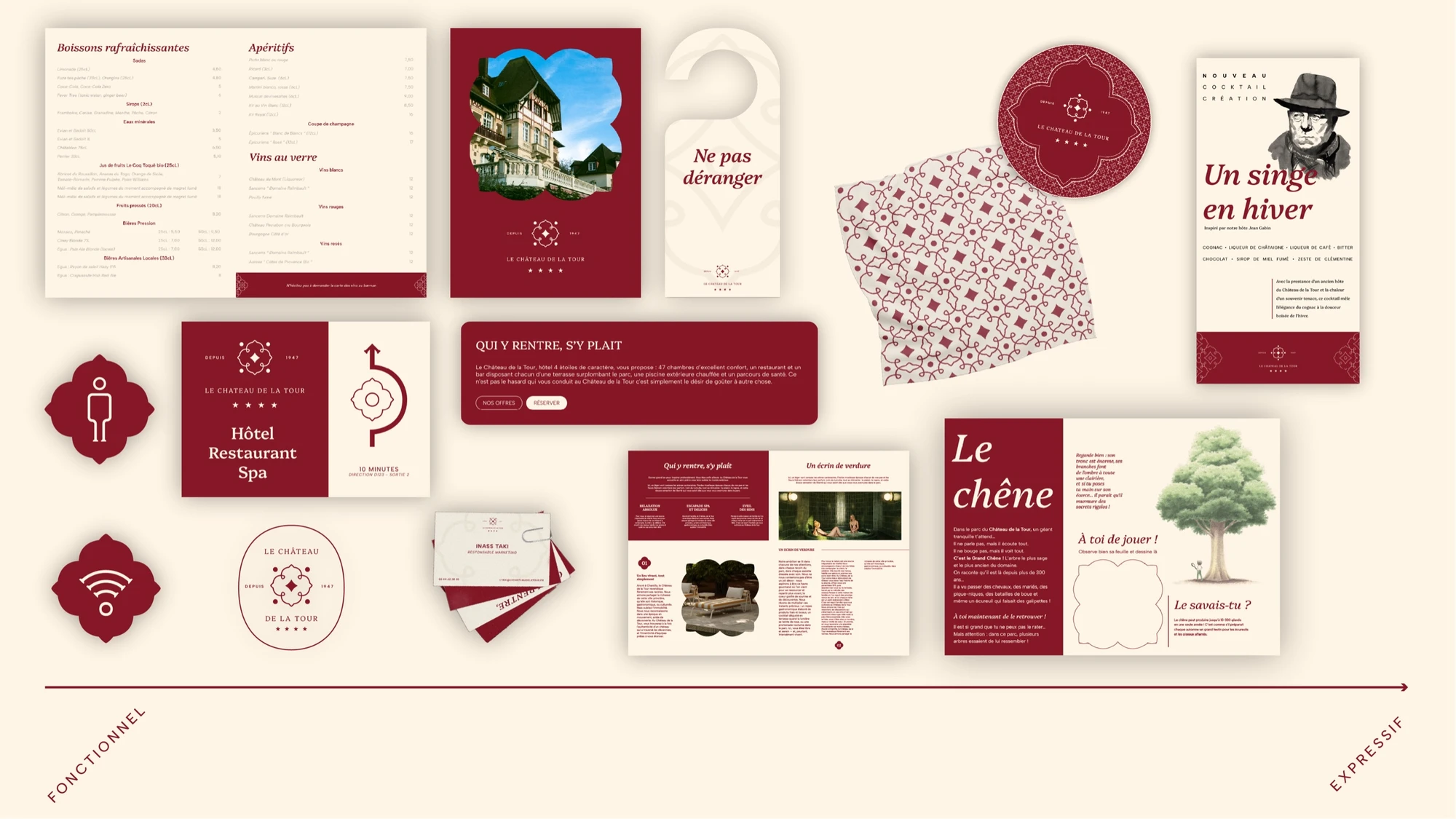 Brandscape du Château de la Tour réunissant menus, signalétique, objets de chambre, correspondance et supports éditoriaux