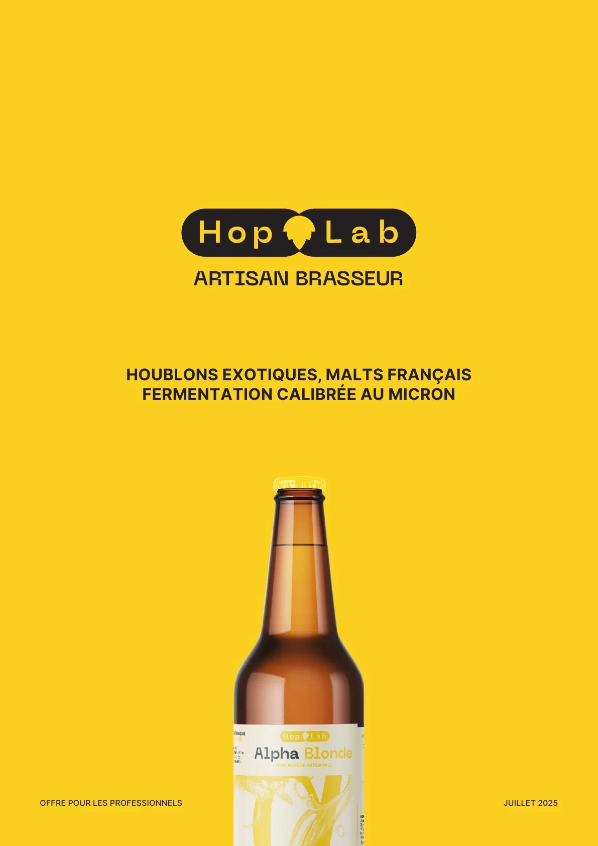 Couverture jaune de la brochure professionnelle Hop Lab avec logotype noir et bouteille Alpha Blonde