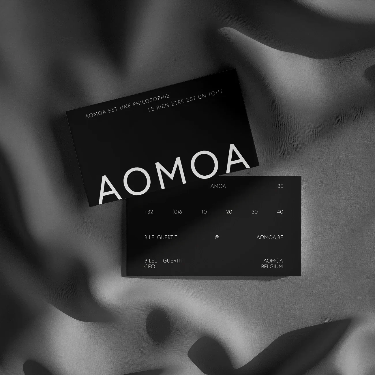 Maquette de recherche de deux cartes AOMOA noires sur un textile plissé gris, avec la première signature typographique