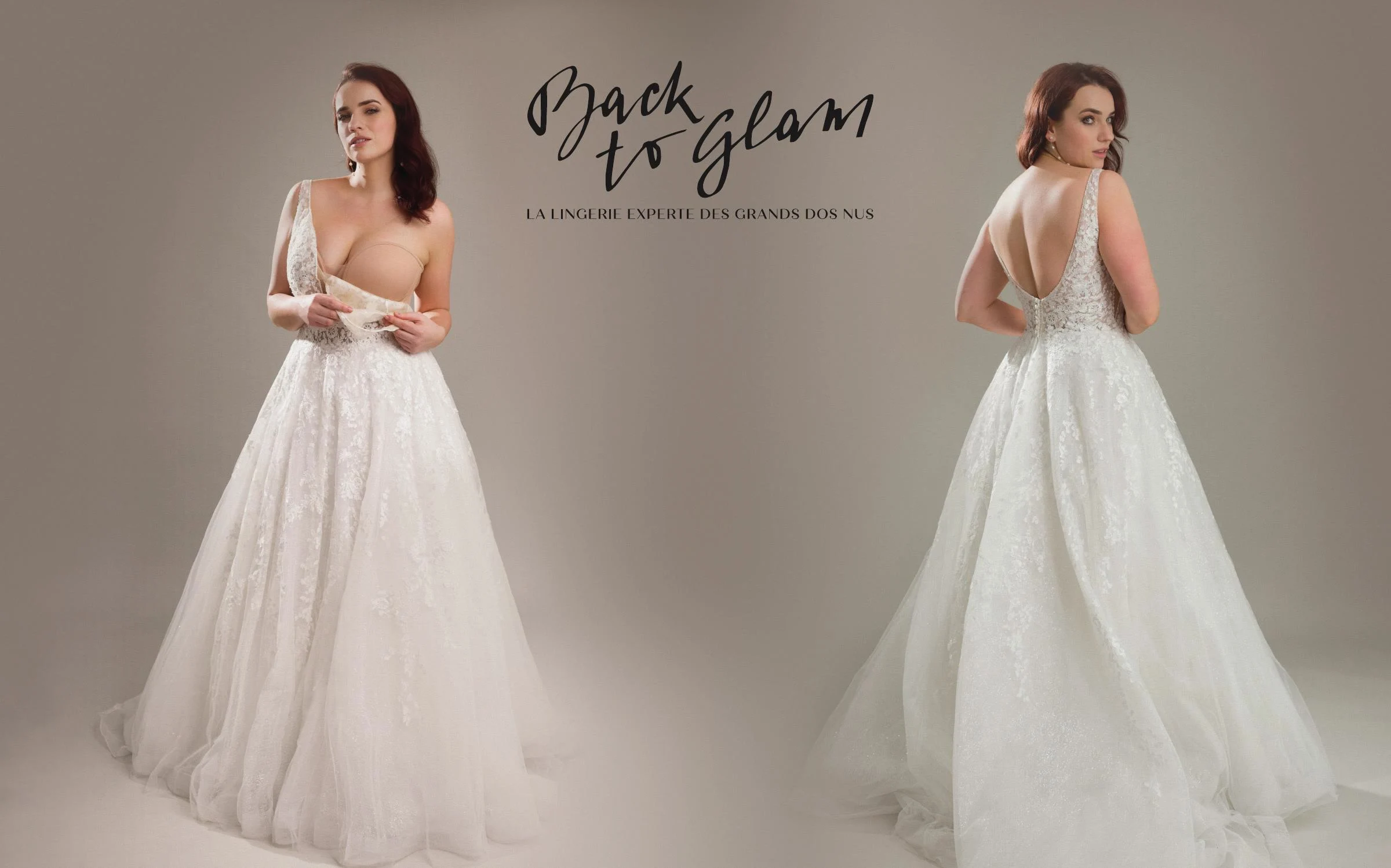 Affiche Back to Glam avec deux silhouettes de mariée et la signature la lingerie experte des grands dos nus