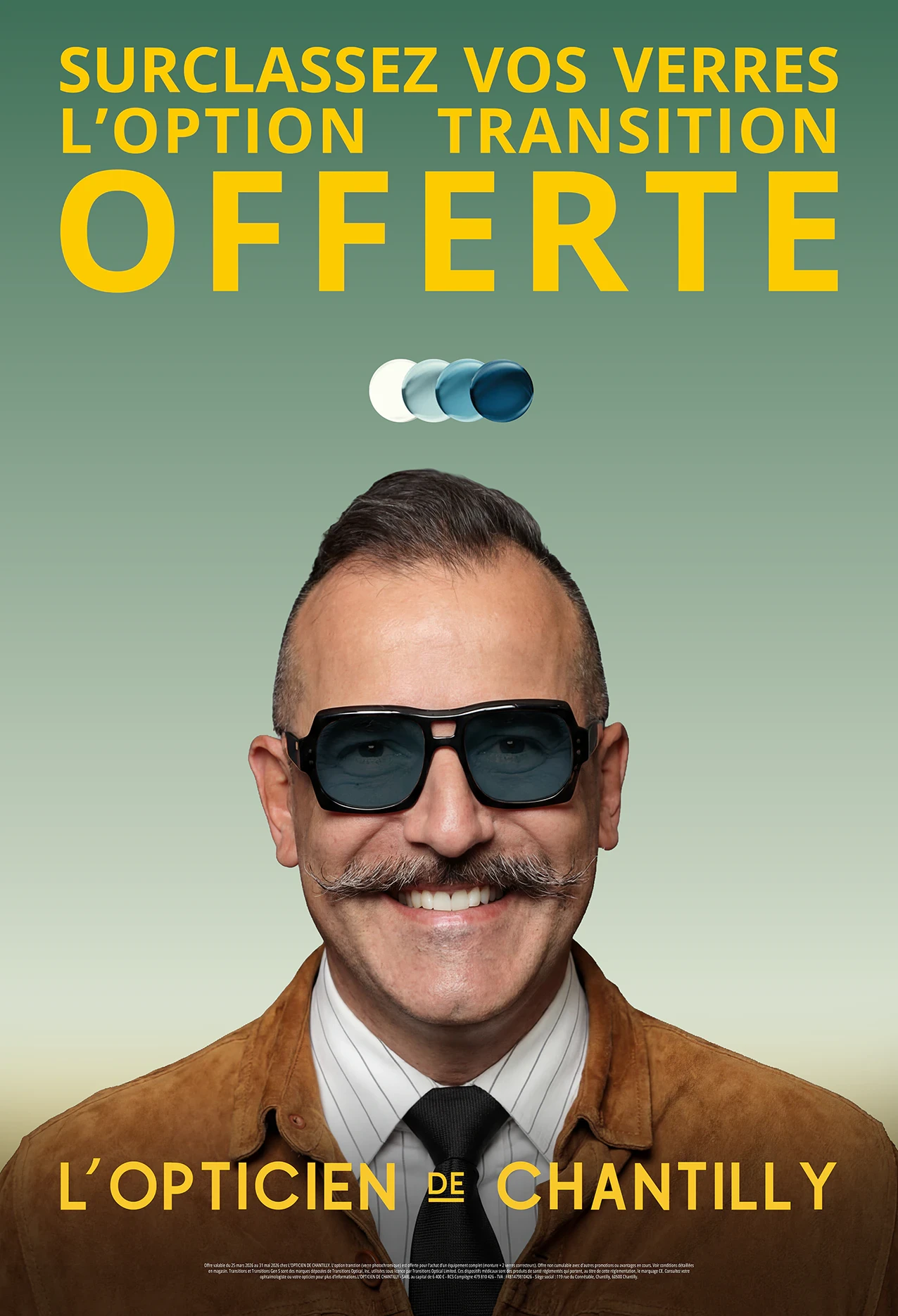 Affiche de la campagne Transitions avec Jérémy Acoca et le message Surclassez vos verres