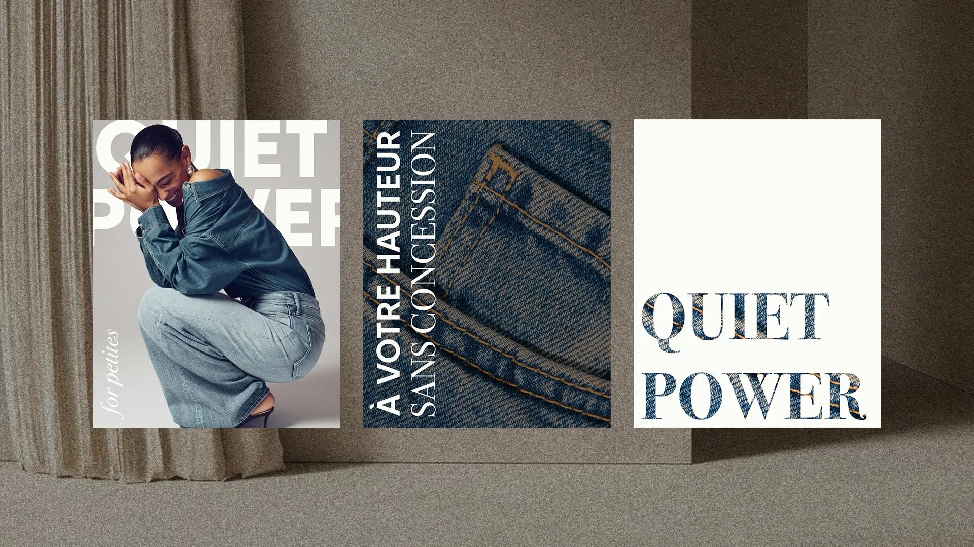 Mise en situation de la campagne Kinstore réunissant Quiet Power, la promesse À votre hauteur sans concession et le denim