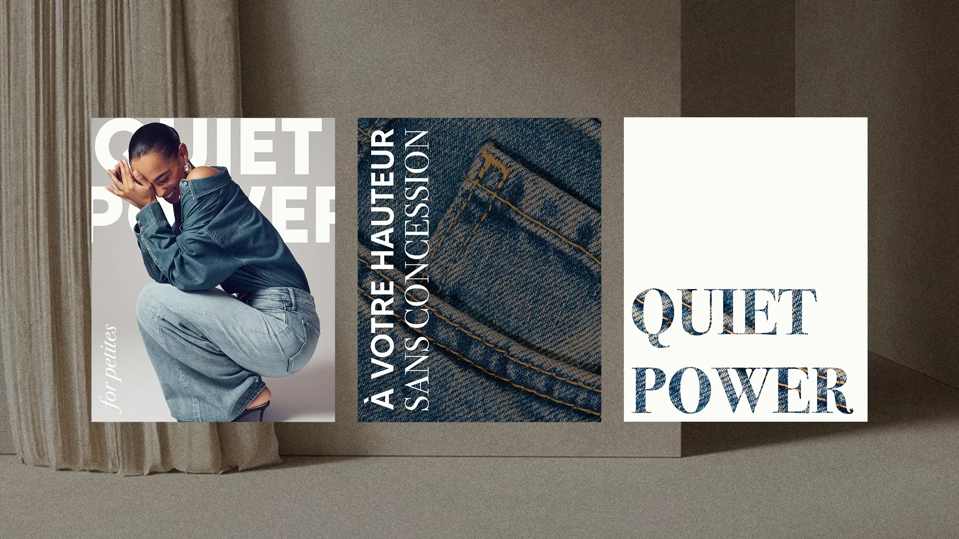 Mise en situation de la campagne Kinstore réunissant Quiet Power, la promesse À votre hauteur sans concession et le denim