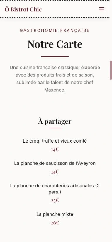 La carte du restaurant Ô Bistrot Chic dans sa version mobile