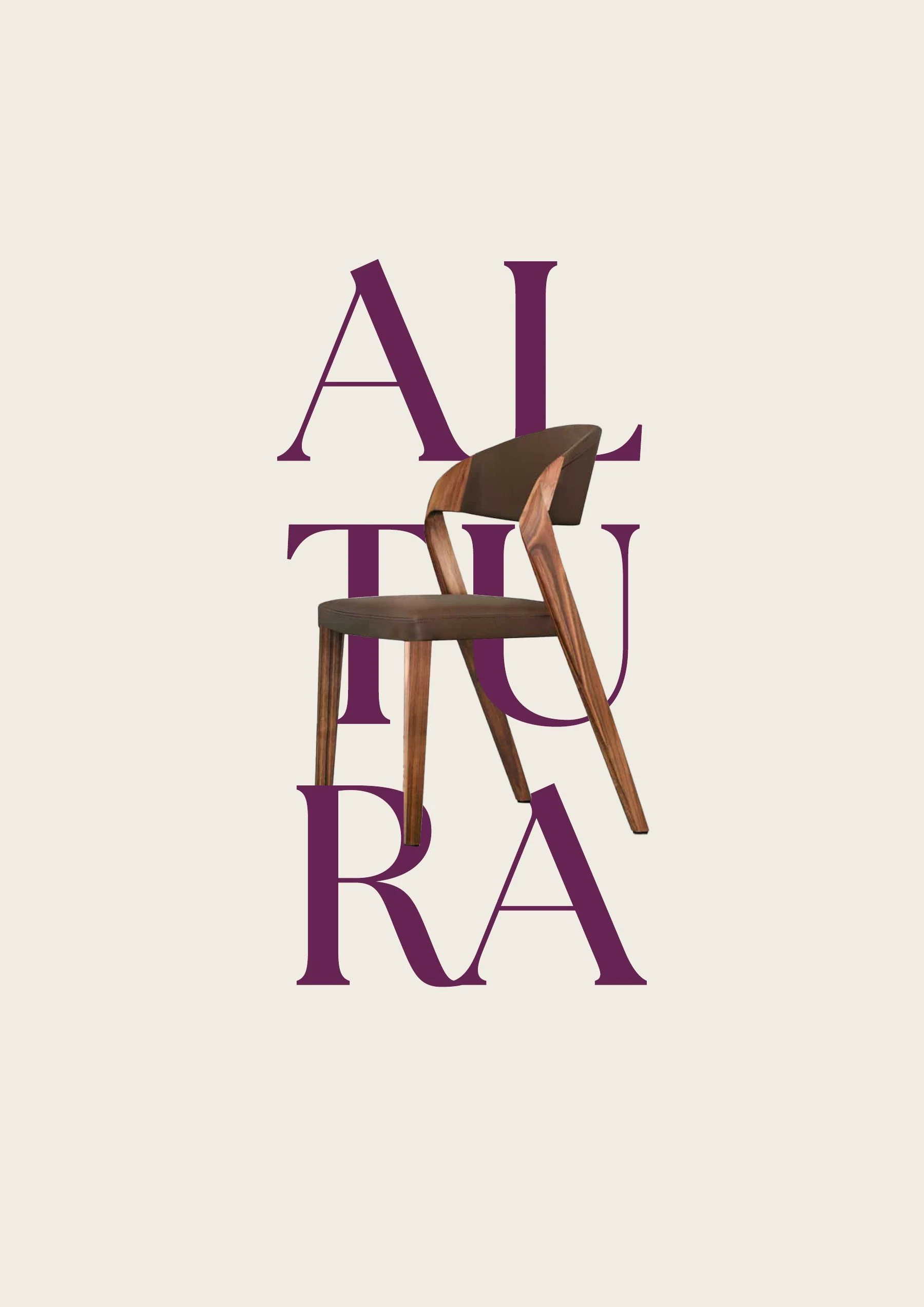 Chaise en bois superposée à une composition typographique bordeaux formant le mot Altera
