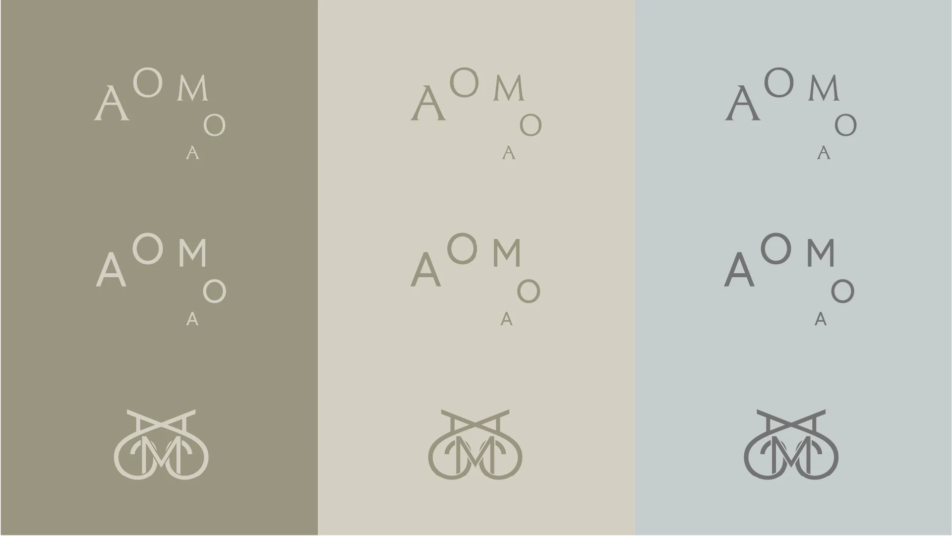 Propositions AOMOA de juillet, deux dessins de lettres en cercle et un monogramme entrelacé déclinés sur trois colonnes olive, claire et grise