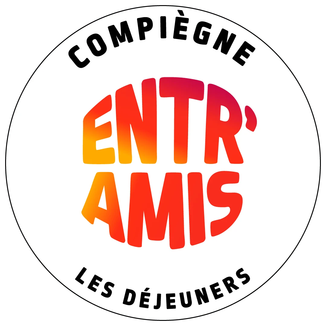 Logo circulaire Entr’Amis Compiègne avec mot-signe orange et rouge au centre