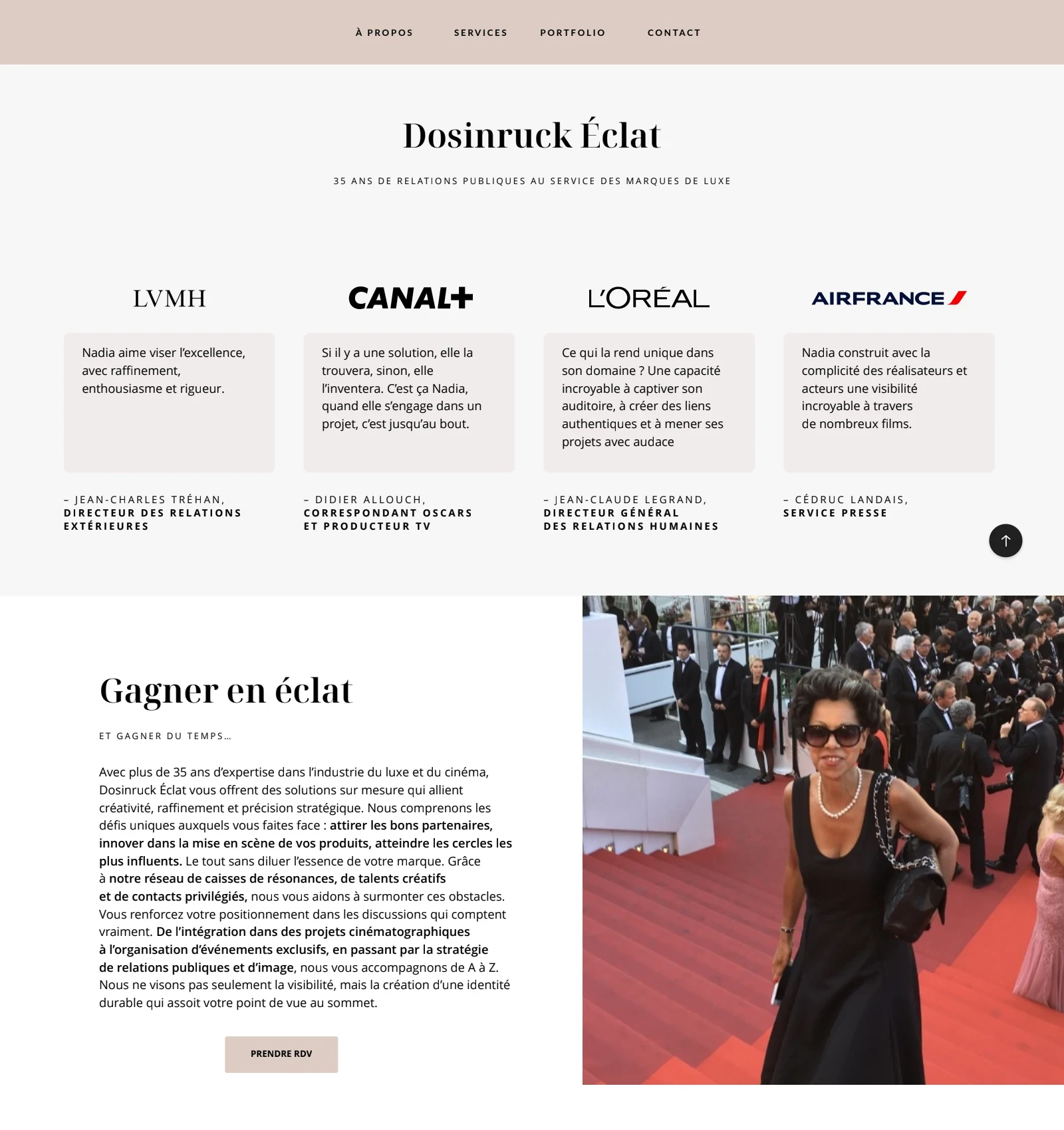 Maquette du site Dosinruck Éclat réunissant le logotype, quatre témoignages et une présentation de Nadia Dosinruck