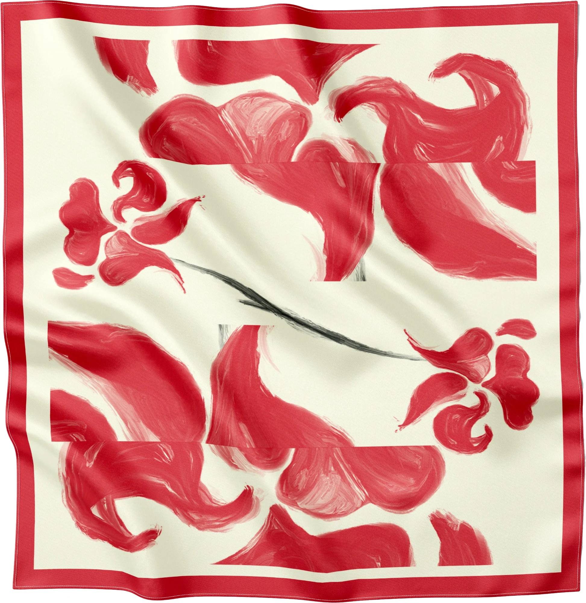 Carré textile ivoire et rouge reprenant le grand motif floral Cazaudehore