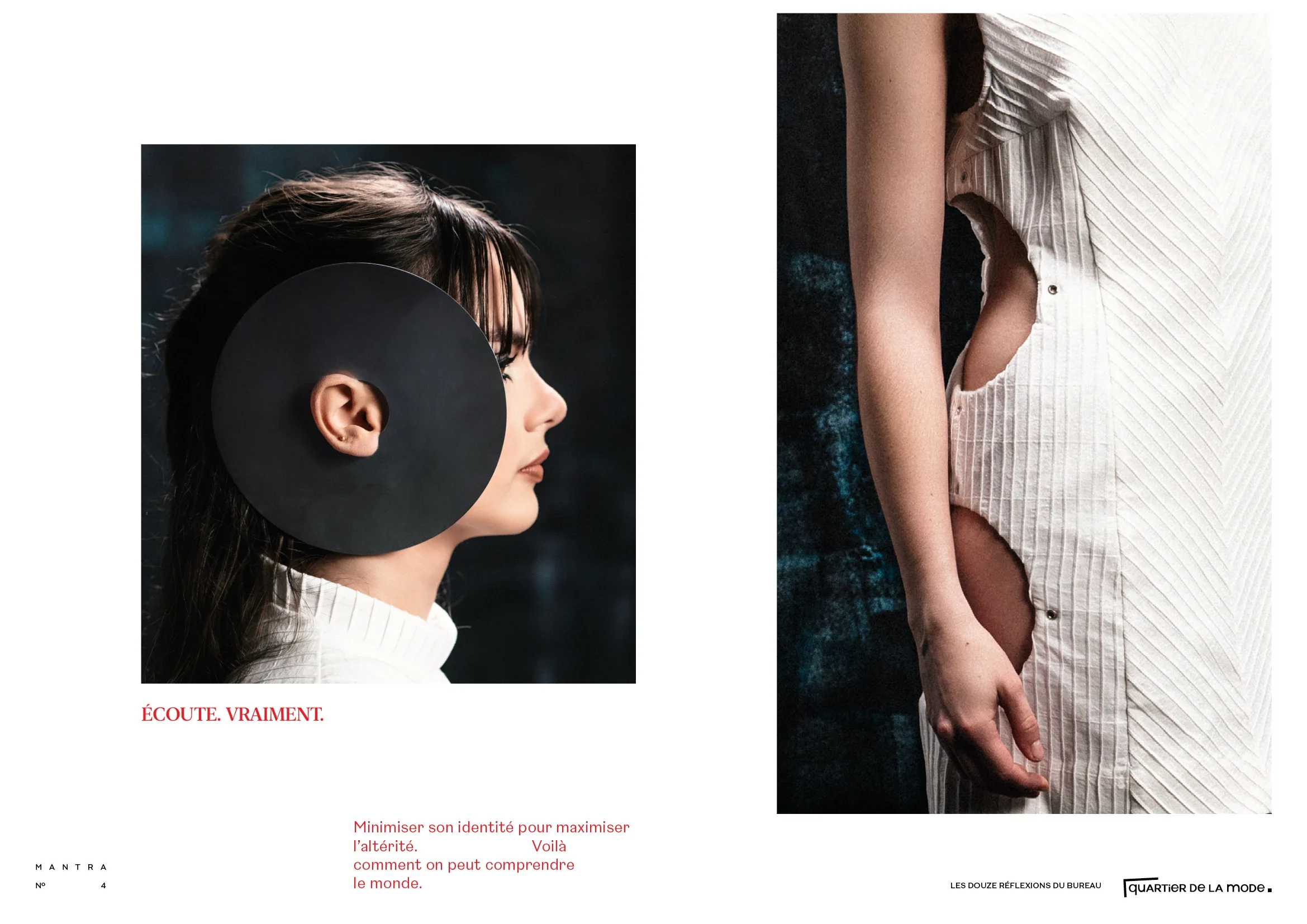 Page du calendrier associant un portrait de profil avec un disque autour de l’oreille et le détail d’une robe blanche