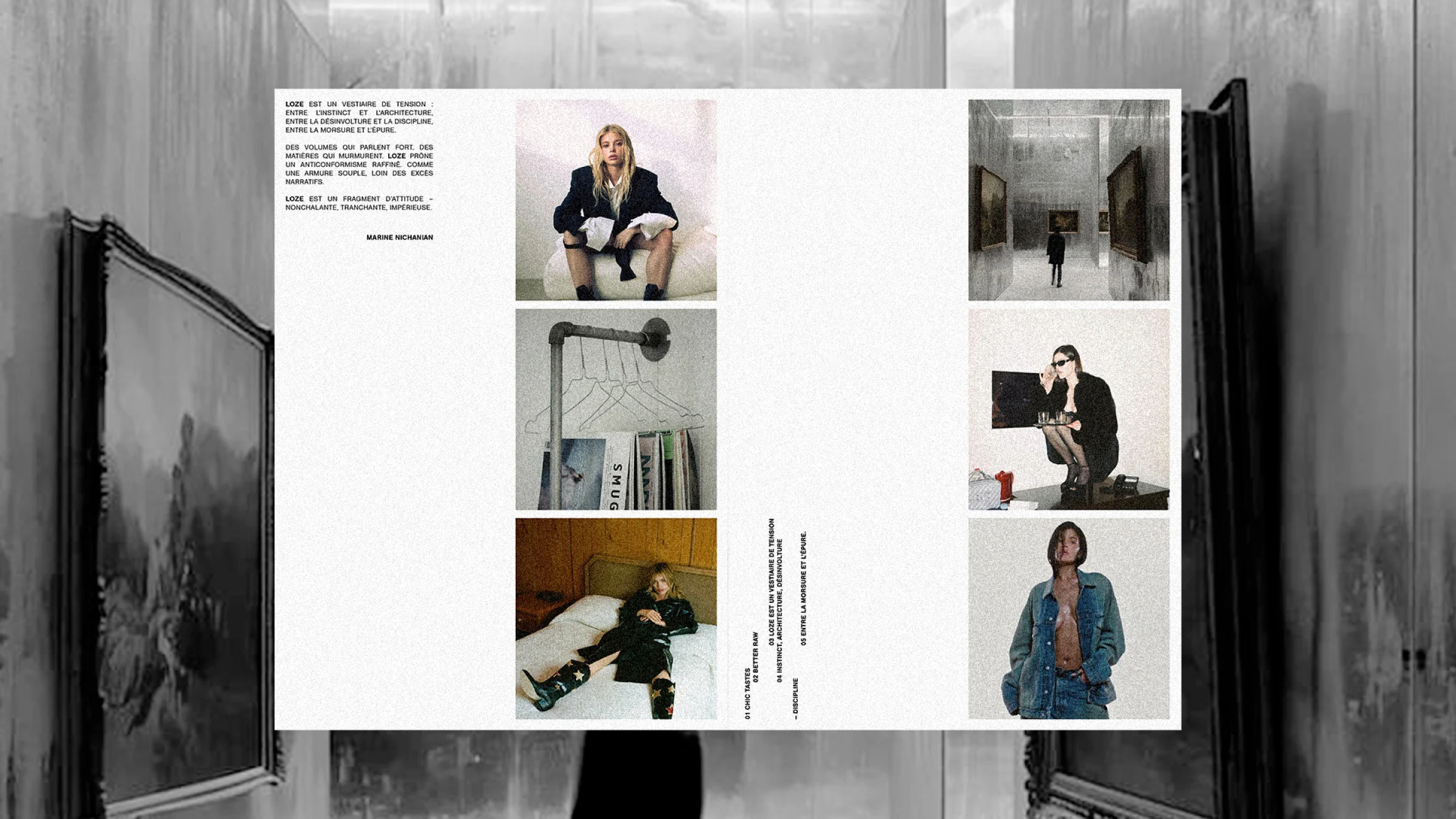 Double page éditoriale LOZE mêlant manifeste, portraits, architecture et détails de matière en noir et blanc