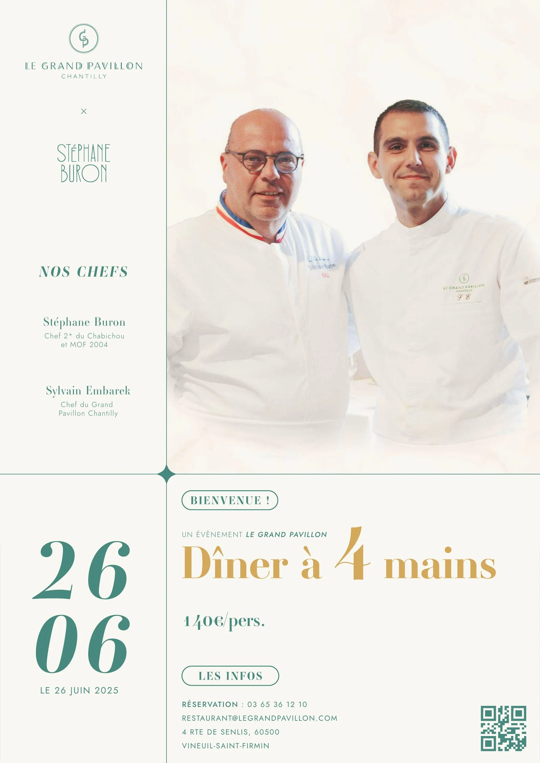 Recto du flyer du dîner à quatre mains avec les portraits de Stéphane Buron et Sylvain Embarek