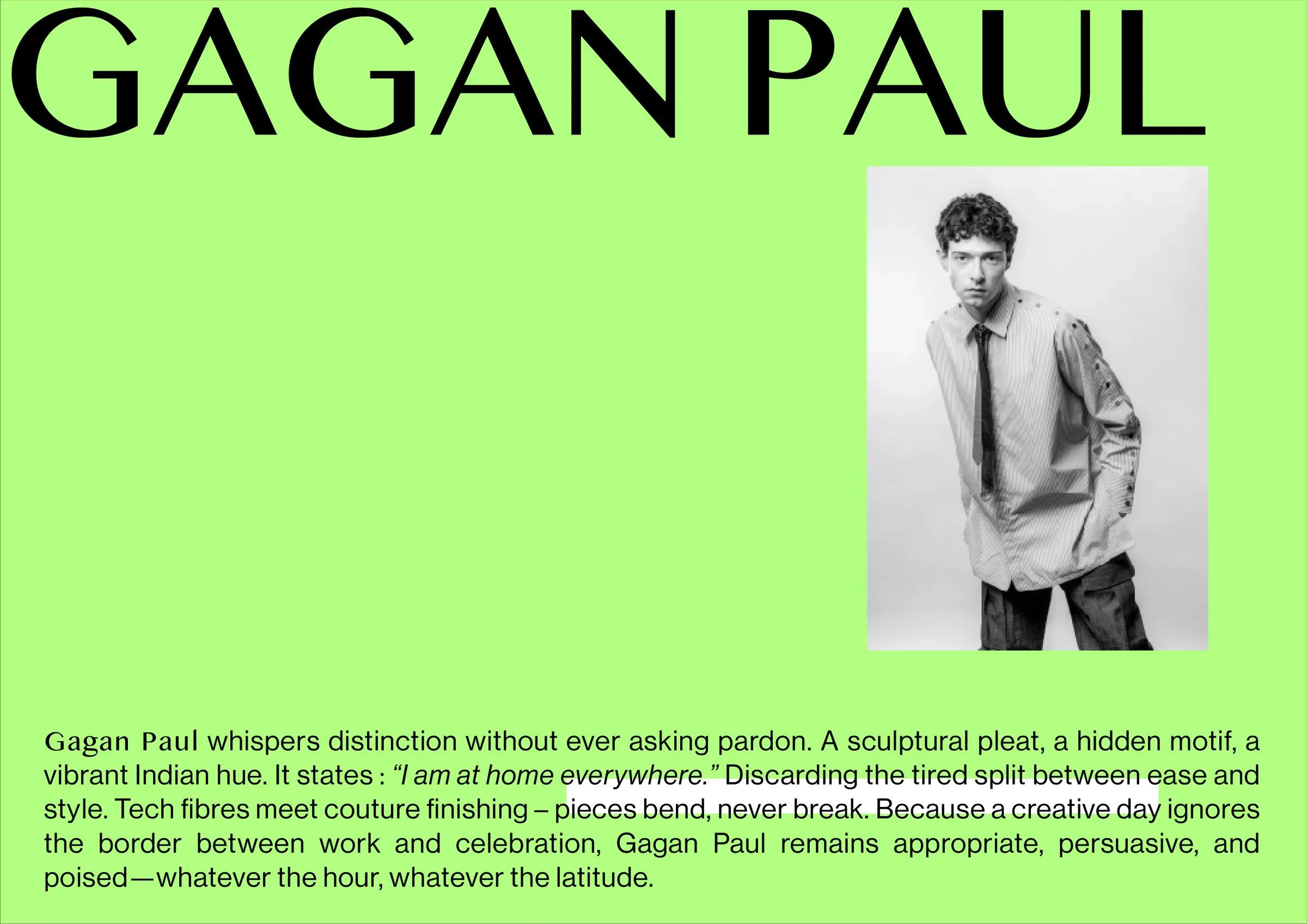 Planche de marque Gagan Paul verte avec logotype, portrait noir et blanc et manifeste en anglais