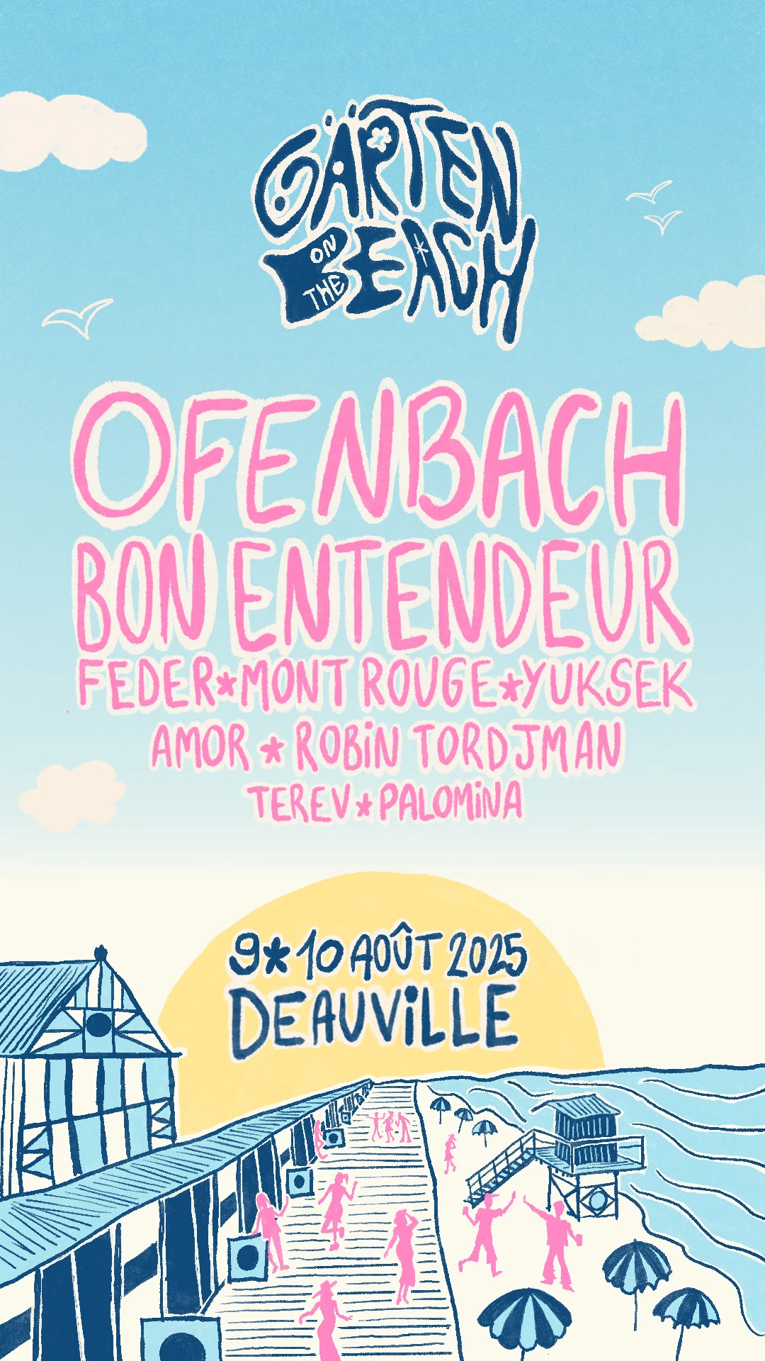 Affiche verticale Garten On The Beach avec programmation rose, ciel bleu et front de mer illustré