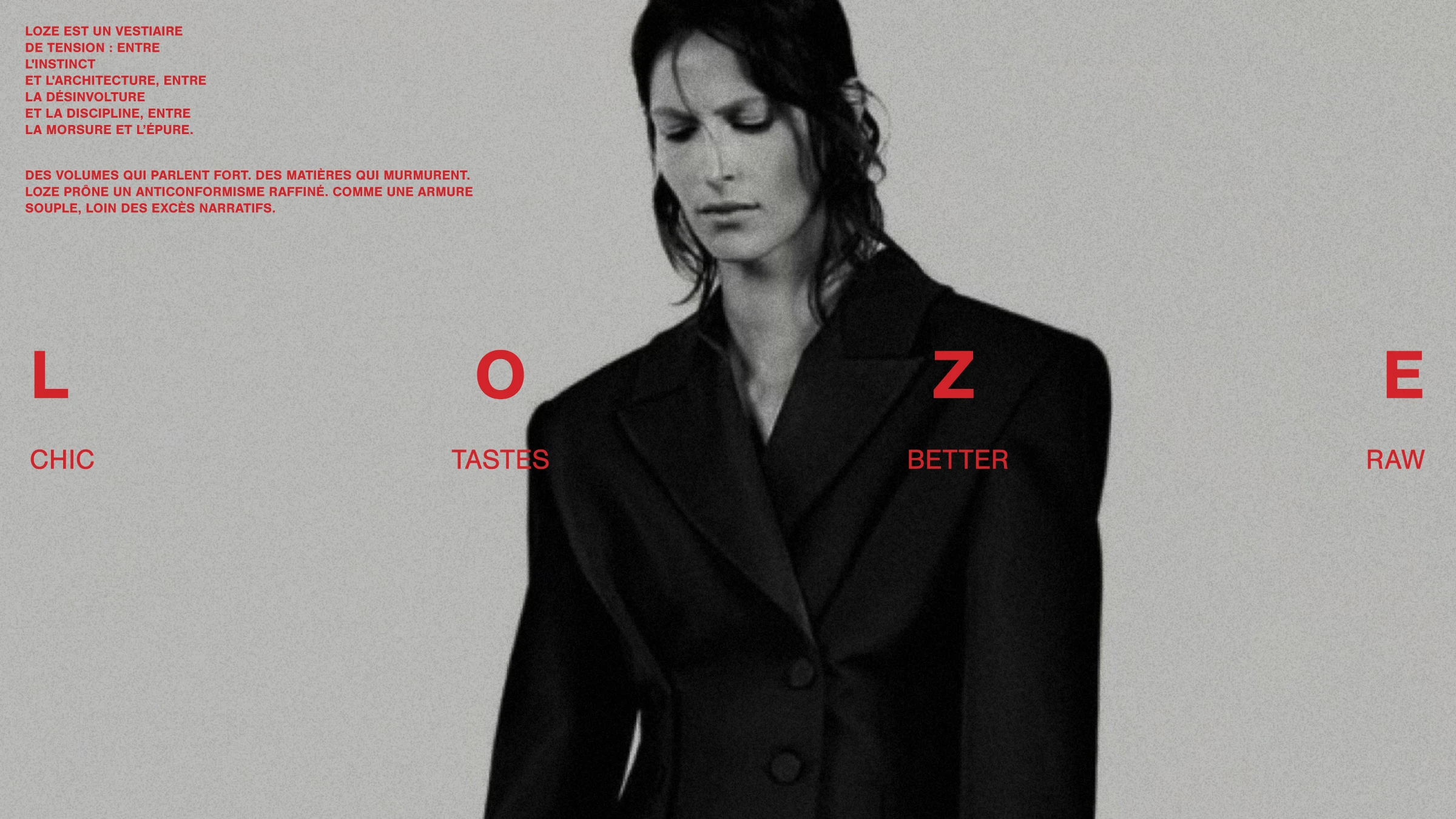 Composition LOZE en noir, gris et rouge associant le manifeste, le mot-signe et une silhouette en veste noire