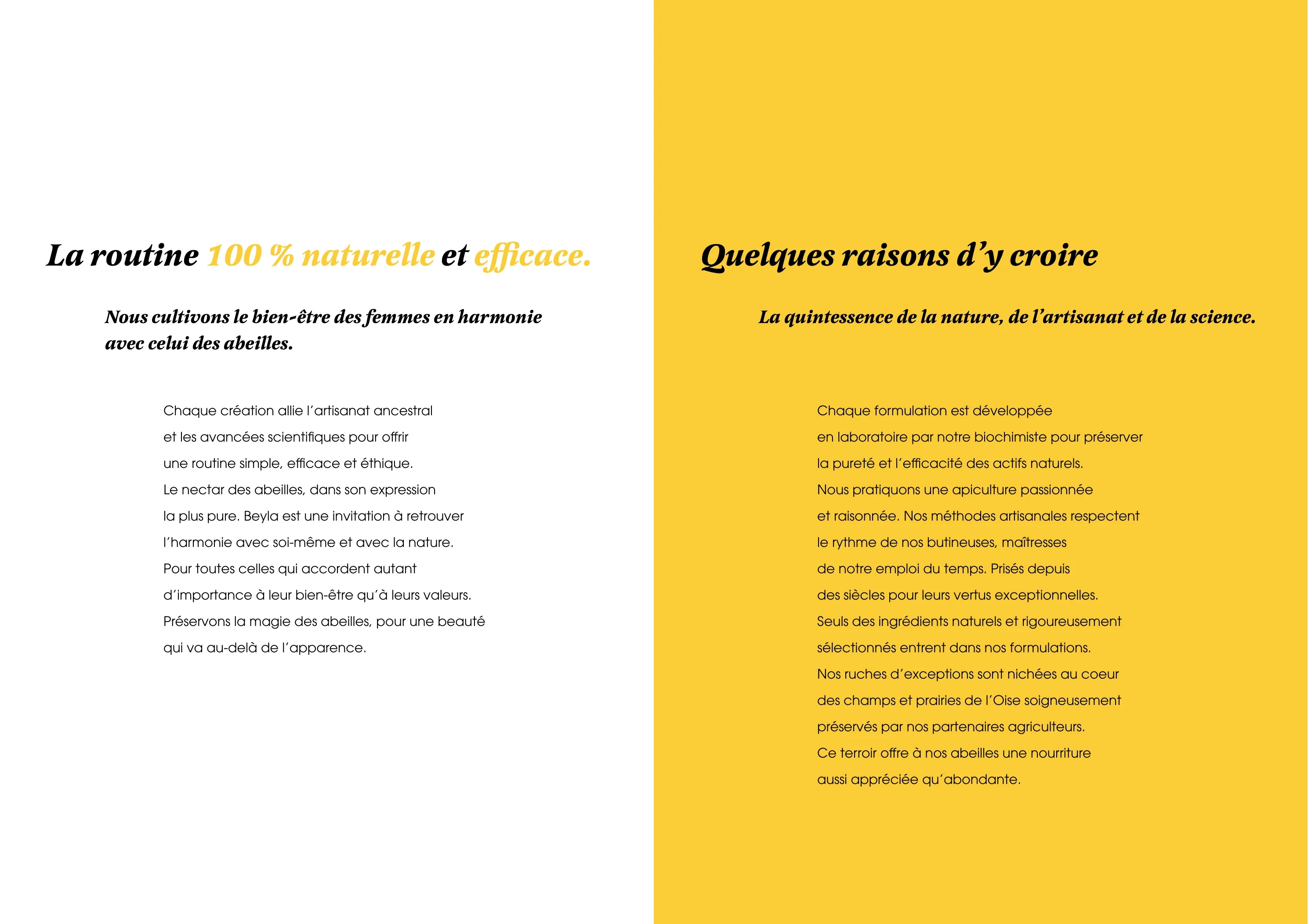 Double page du catalogue Le Jardin de Beyla consacrée à la routine naturelle, à l’apiculture et à la science