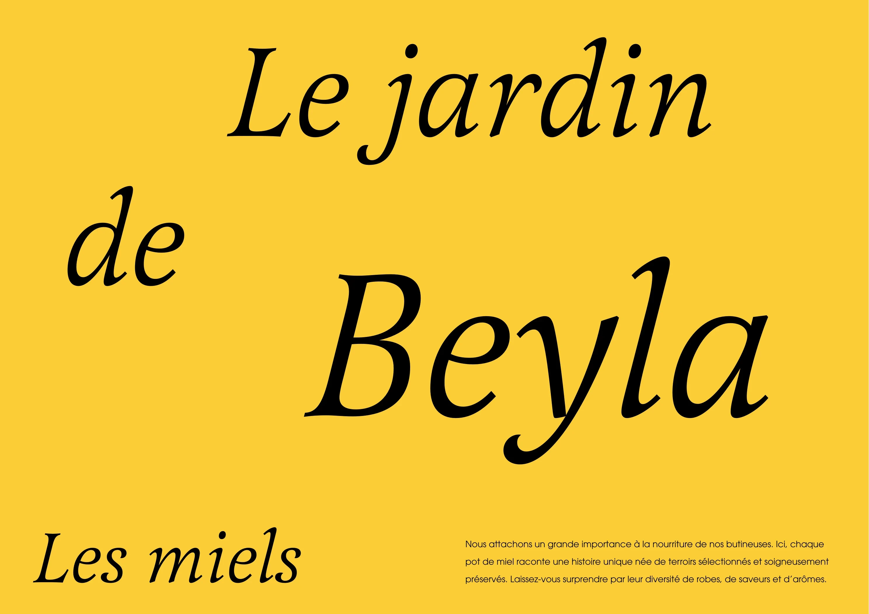 Ouverture jaune de la section miels du catalogue Le Jardin de Beyla en composition typographique expressive