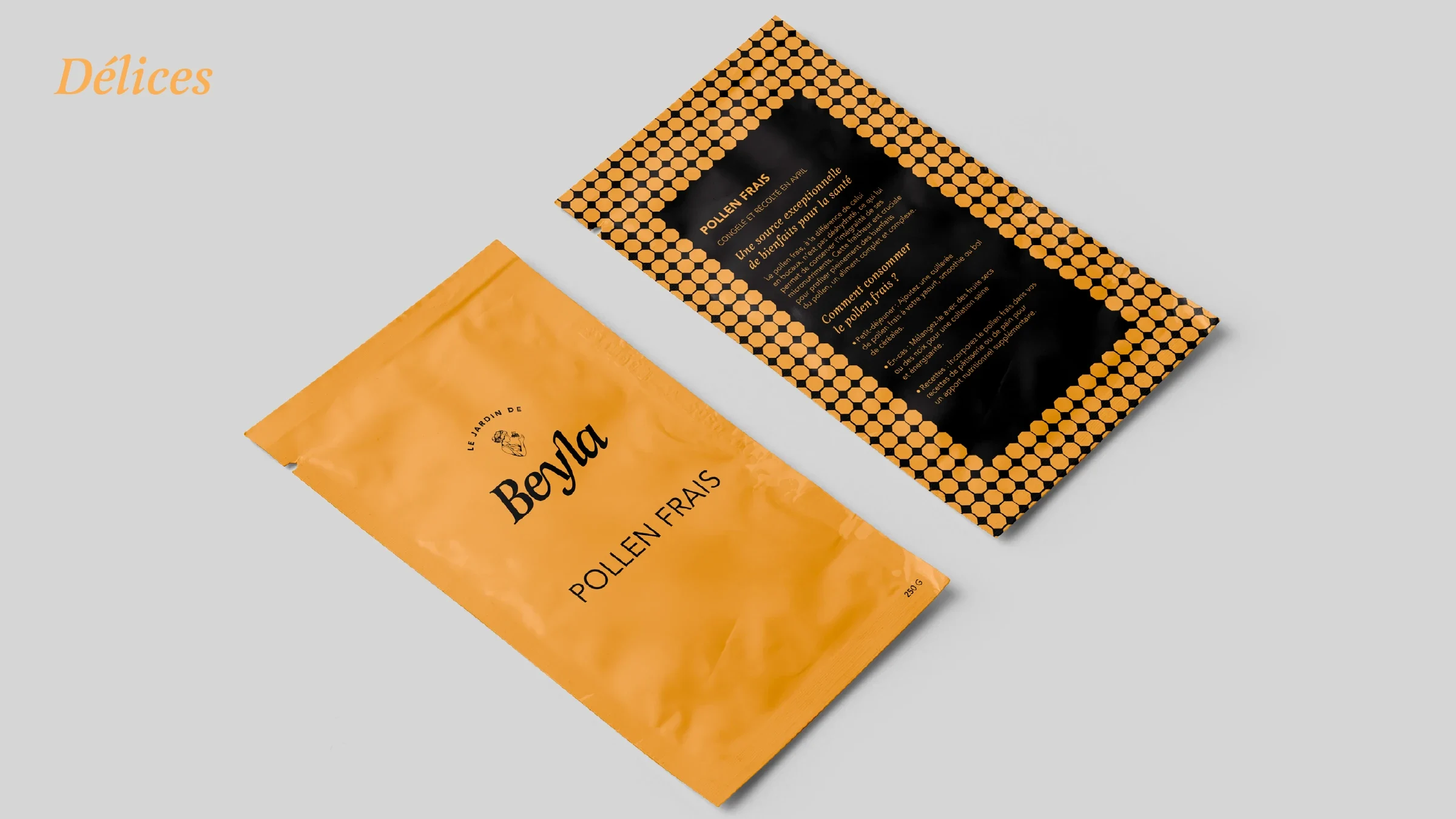 Sachets orange et noir de pollen frais Le Jardin de Beyla avec motif alvéolaire