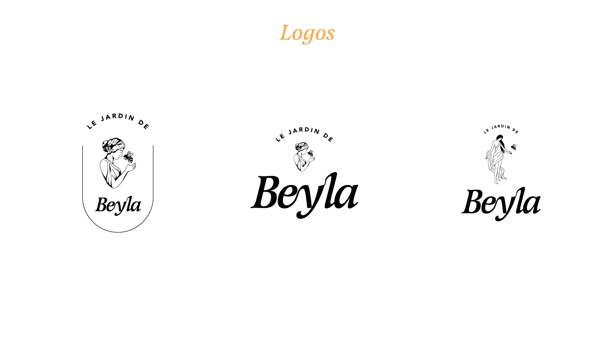 Trois constructions du logotype Le Jardin de Beyla associant une figure féminine, une abeille et le nom Beyla