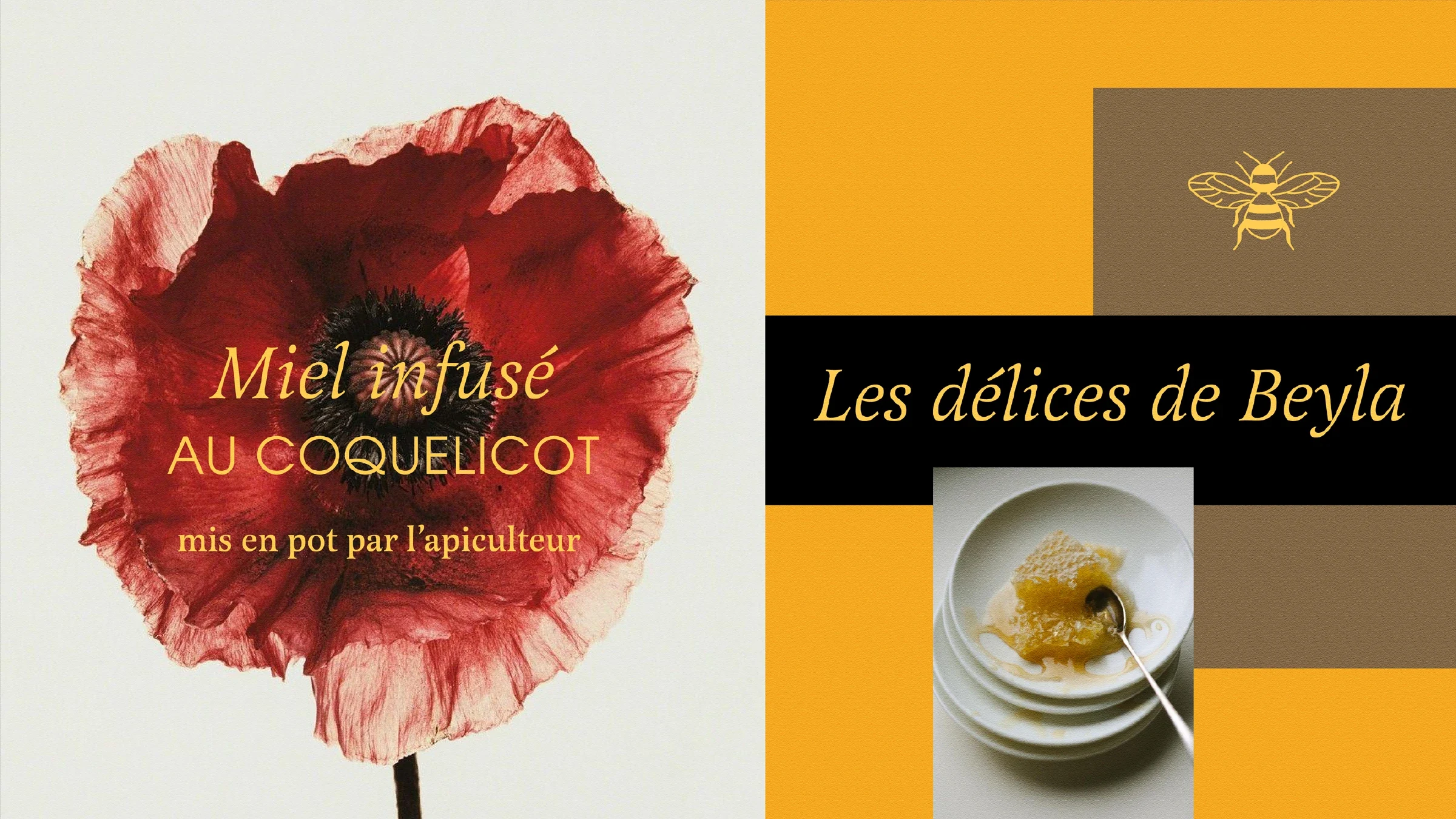 Composition rouge, orange et noire imaginée pour un miel infusé au coquelicot Le Jardin de Beyla