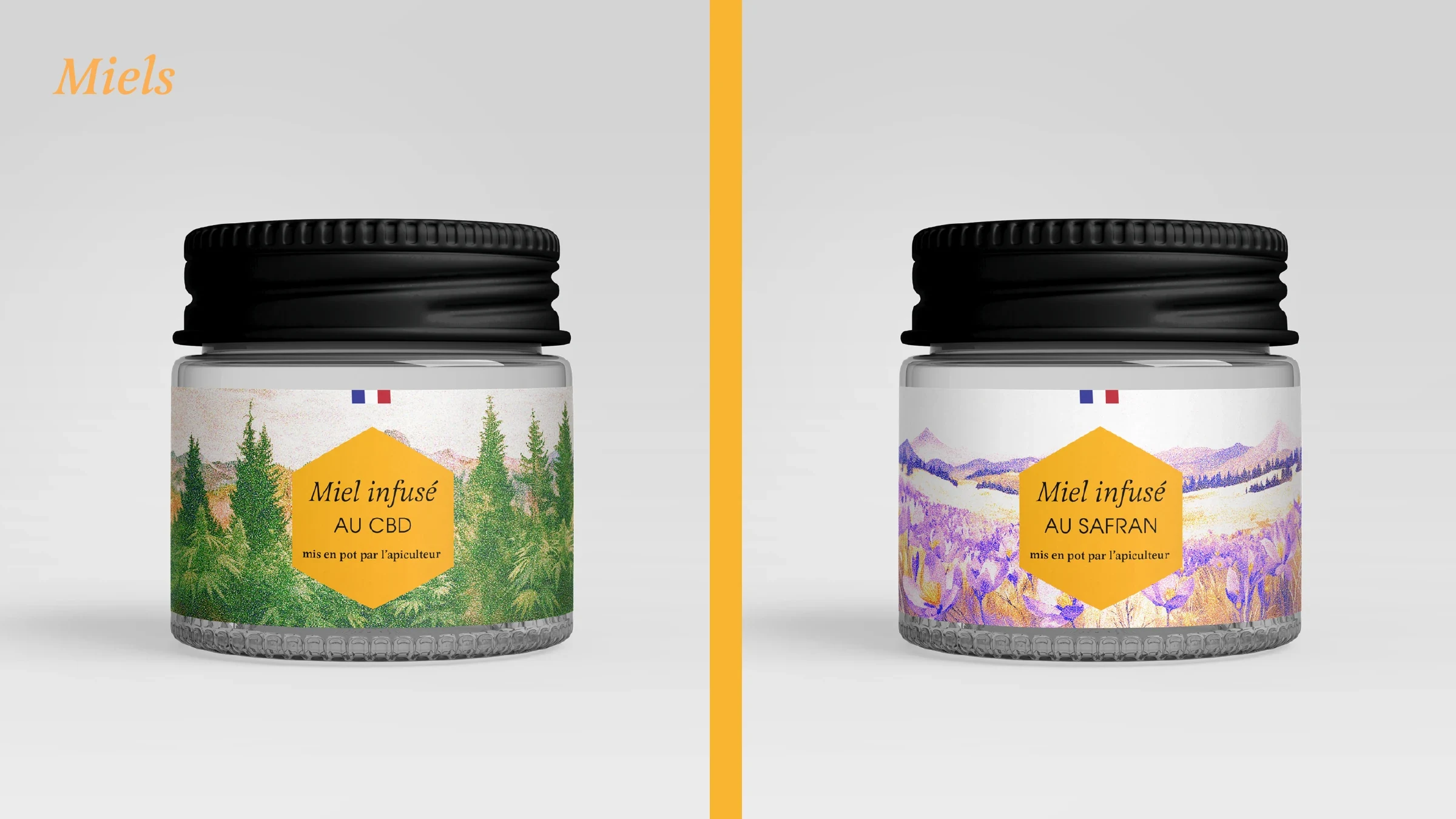Deux pots de miel infusé Le Jardin de Beyla déclinés au CBD et au safran