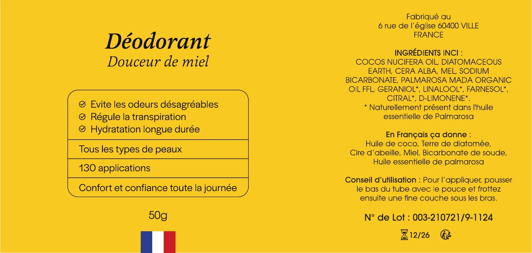 Plan de face du packaging jaune du déodorant Douceur de miel Le Jardin de Beyla