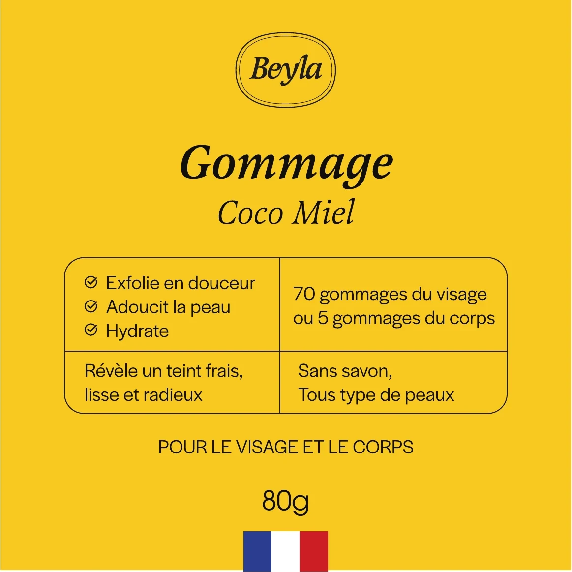 Face avant jaune du packaging Gommage coco miel Le Jardin de Beyla