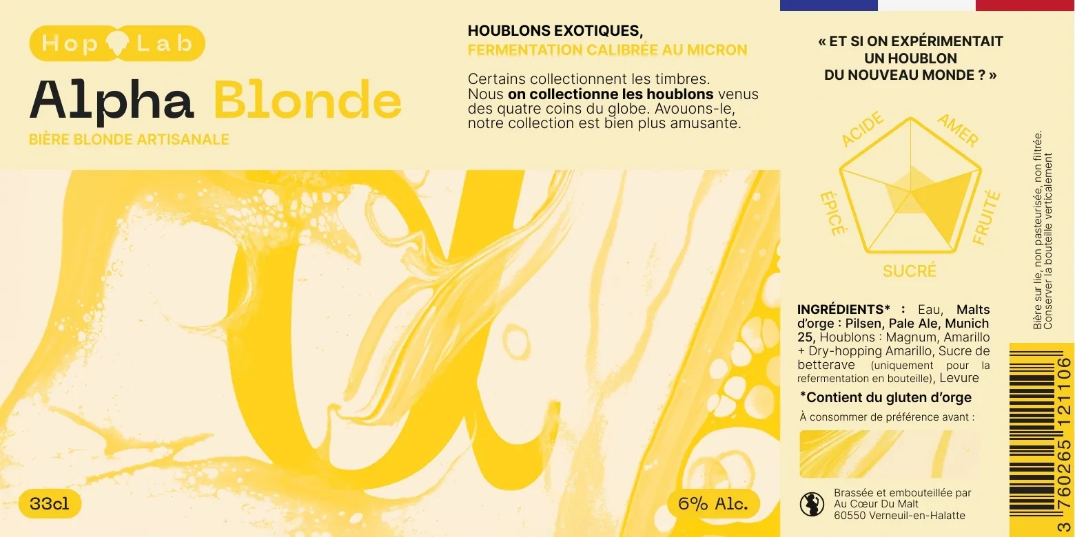 Étiquette Alpha Blonde à plat en jaune et blanc, avec lettre grecque et informations produit