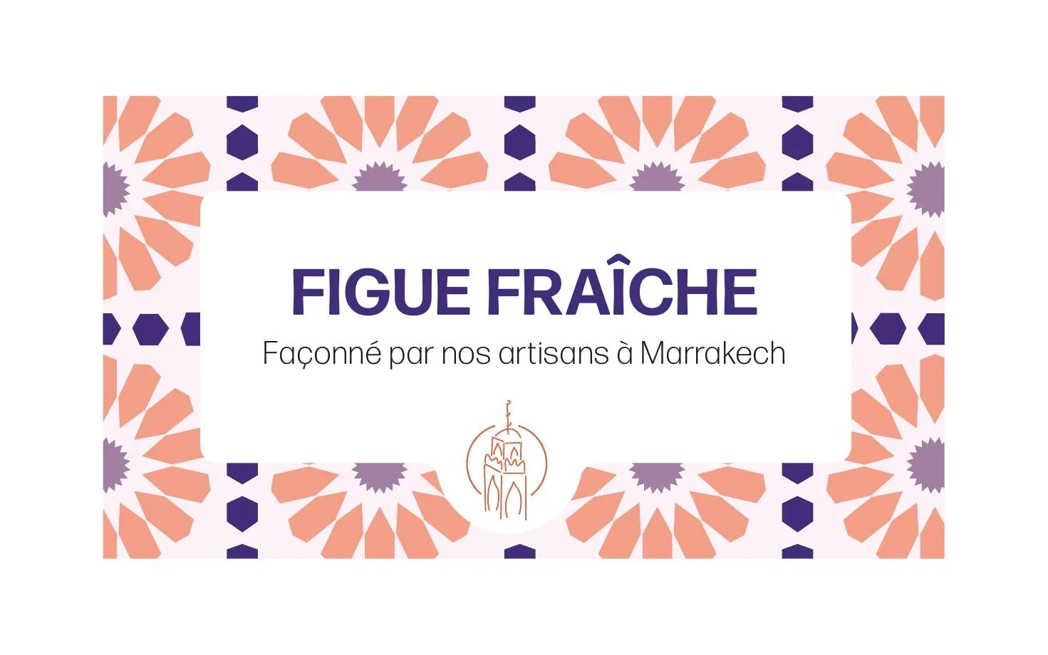 Étiquette Figue fraîche My Little Marrakech encadrée de formes florales corail et violettes