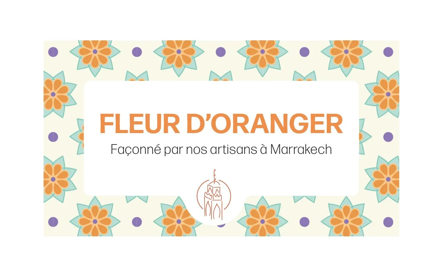 Étiquette Fleur d’oranger My Little Marrakech entourée d’un motif floral orange, turquoise et violet