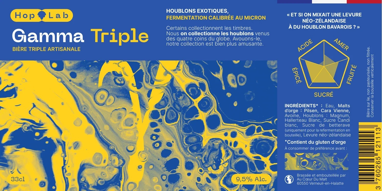 Étiquette Gamma Triple à plat, avec motif bleu et jaune, nom de recette et diagramme aromatique