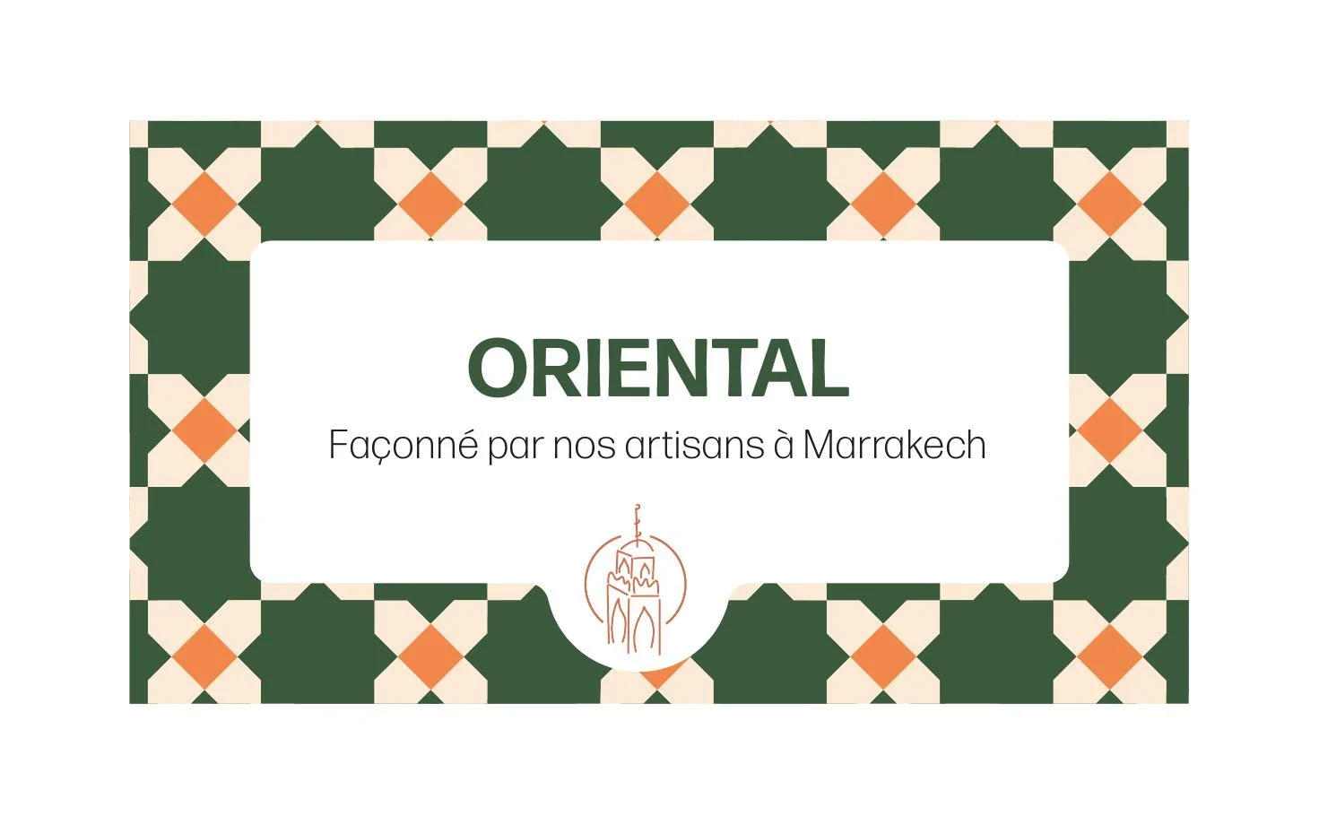 Étiquette Oriental My Little Marrakech encadrée par un motif géométrique vert, crème et orange