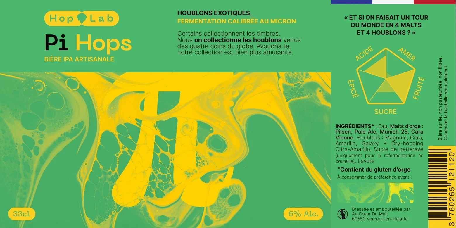 Étiquette Pi Hops à plat en vert et jaune, avec lettre grecque et informations produit