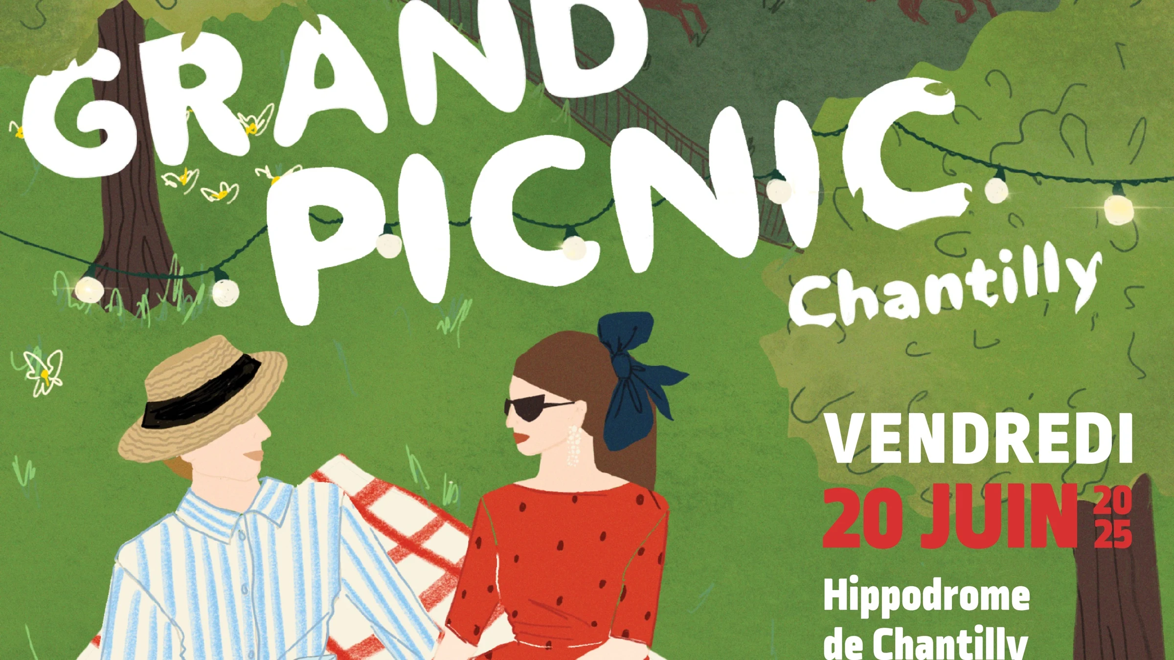 Détail de l’affiche du Grand Picnic montrant le titre, deux personnes sur une nappe et la date de l’événement
