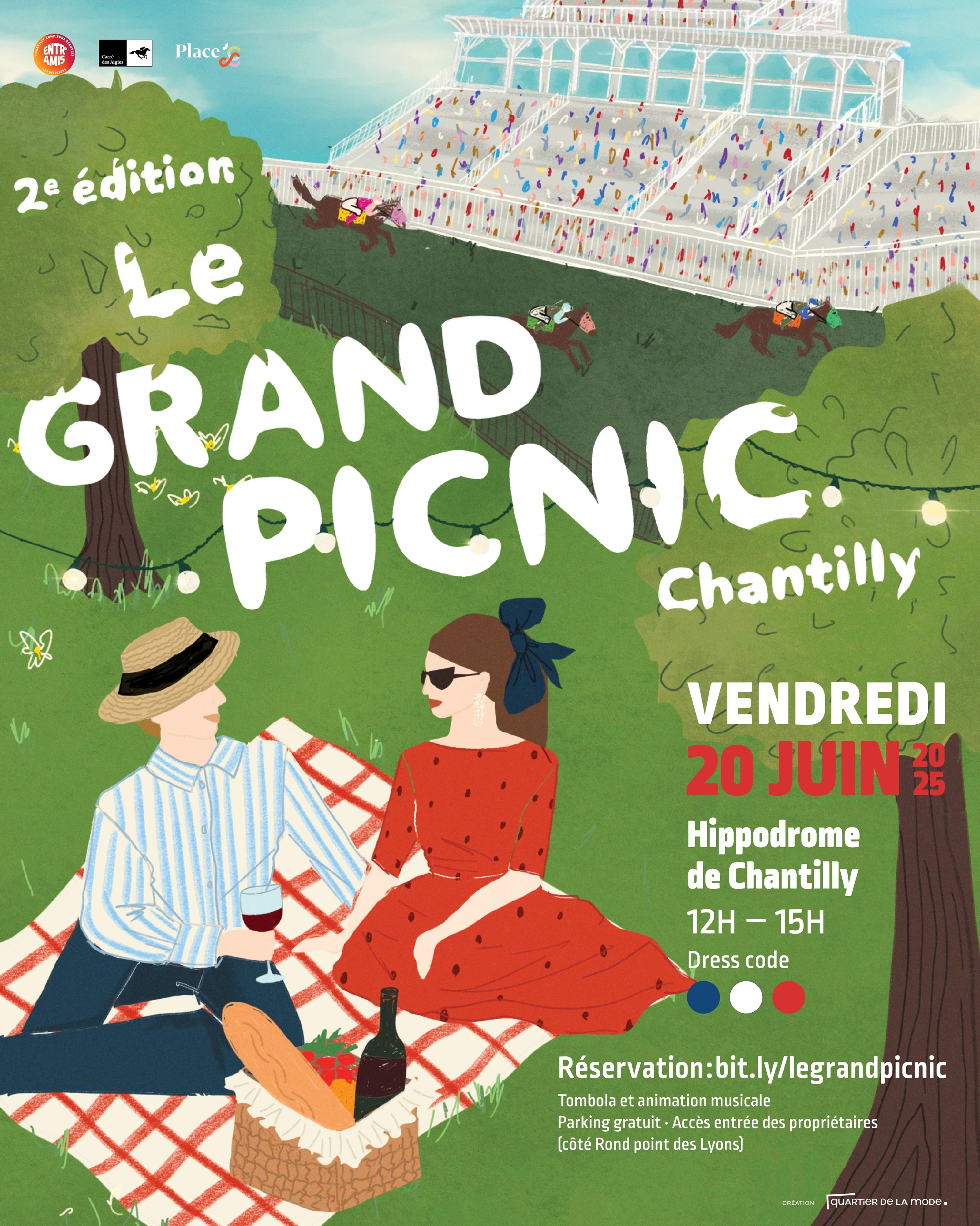 Affiche illustrée du Grand Picnic 2025 à l’Hippodrome de Chantilly, avec tribunes, chevaux et scène de pique-nique