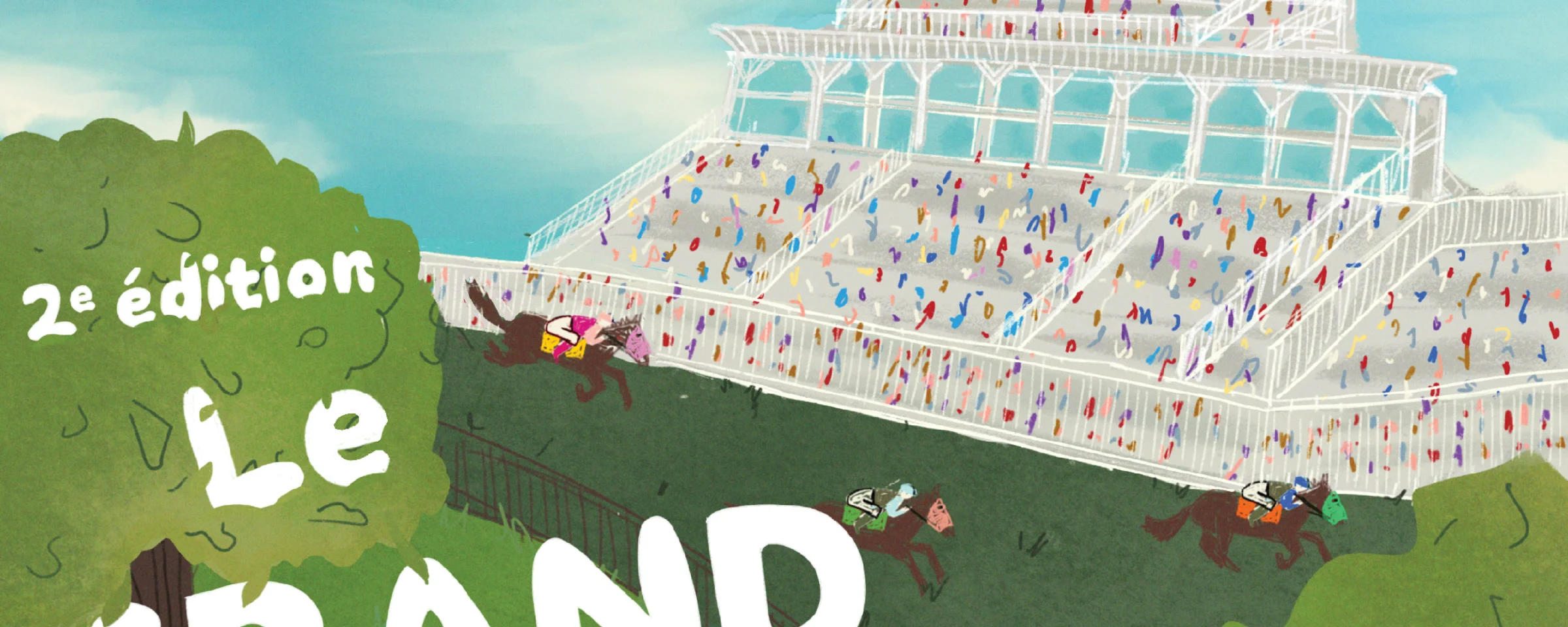 Détail illustré du champ de courses et des tribunes de l’Hippodrome de Chantilly pour Le Grand Picnic