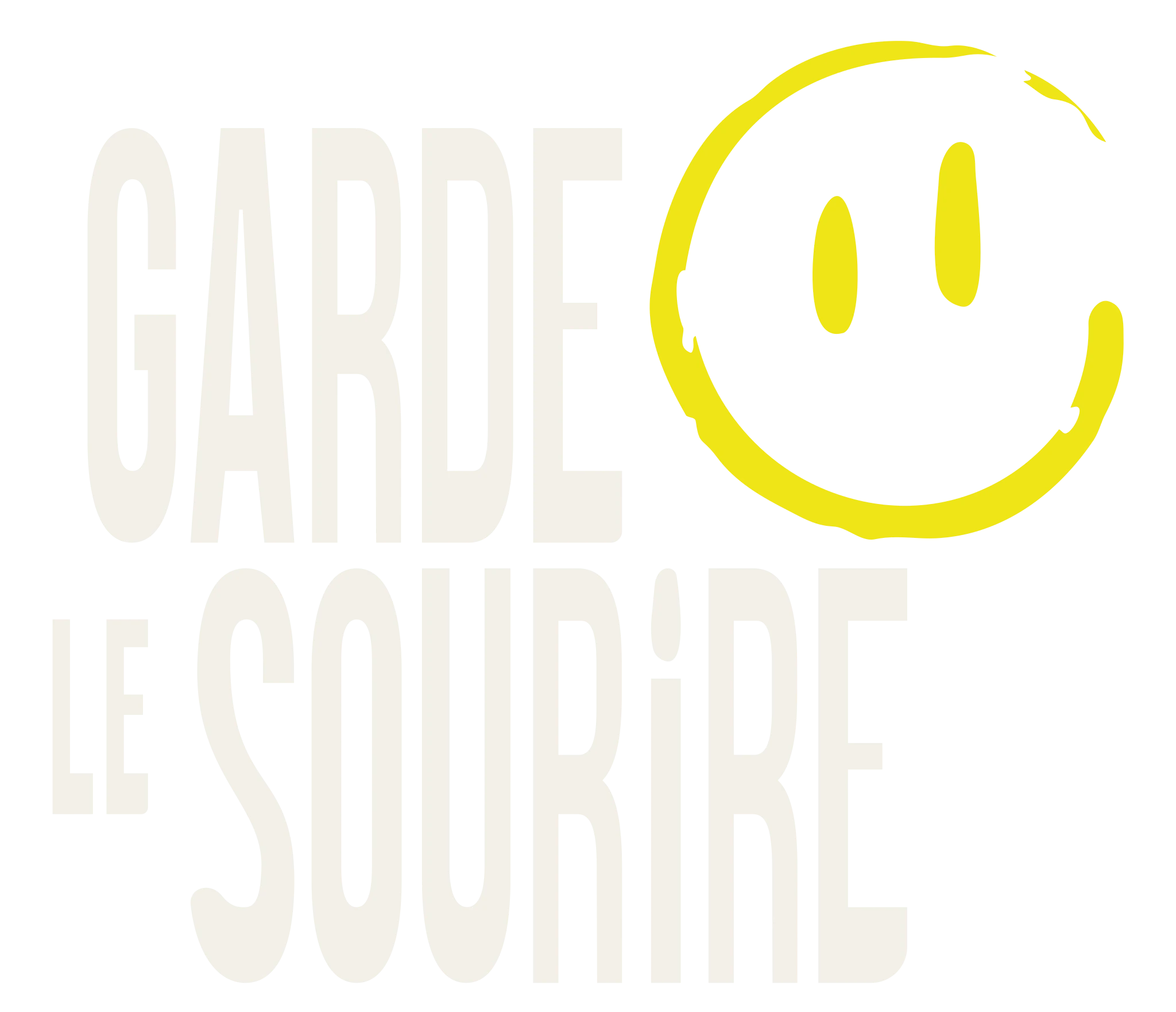 Logo Garde le Sourire avec nom crème et smiley jaune au tracé irrégulier sur fond noir, version du 14 août 2026
