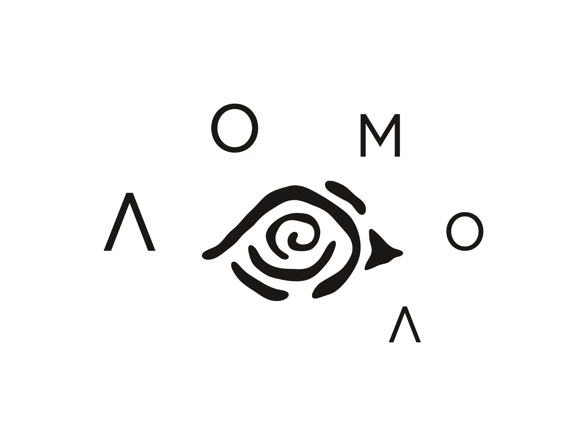 Identité AOMOA livrée en octobre 2025, lettres disposées autour du signe organique noir sur blanc