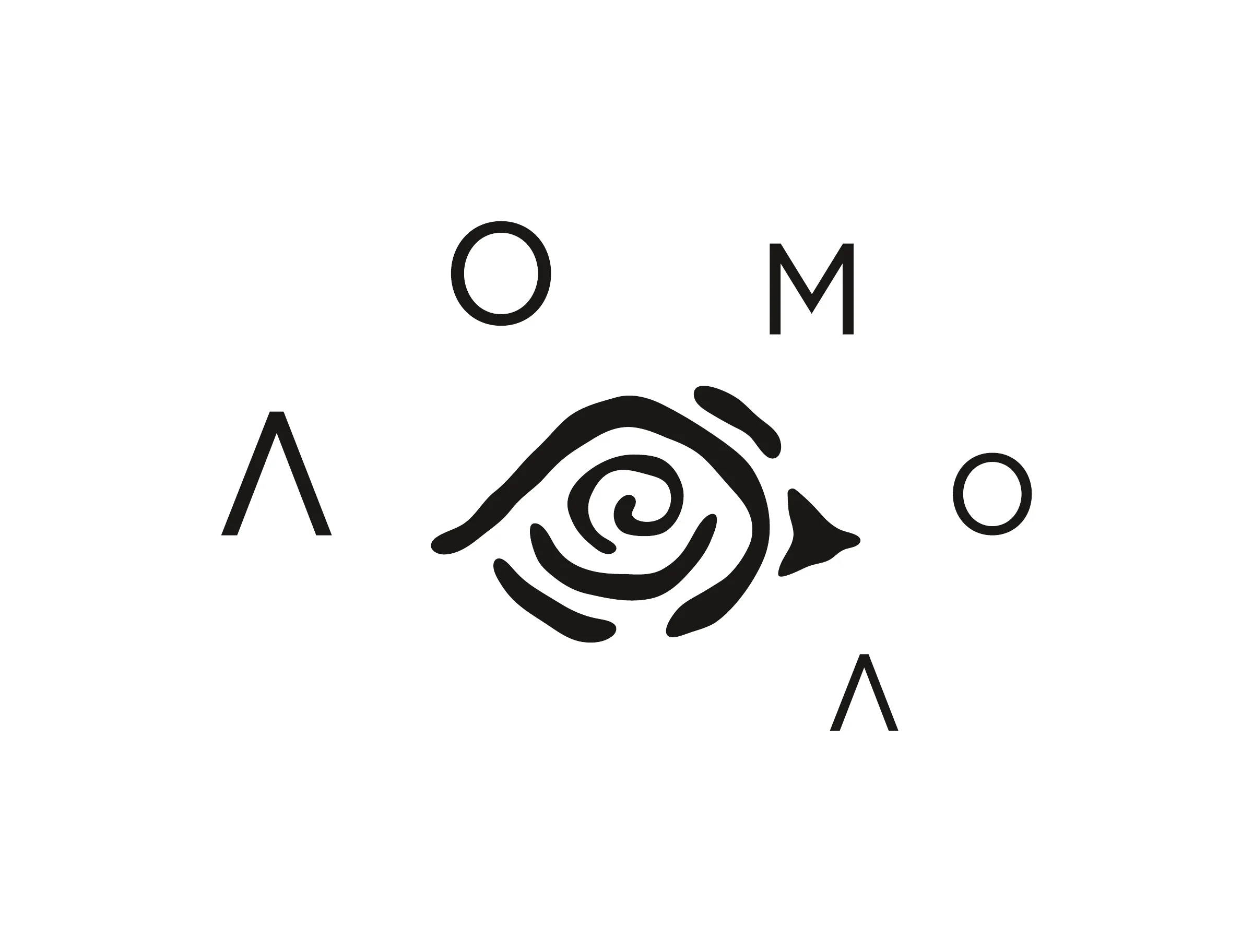 Identité AOMOA livrée en octobre 2025, lettres disposées autour du signe organique noir sur blanc