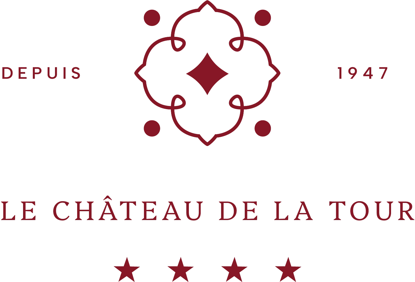 Logotype bordeaux du Château de la Tour avec son emblème, la date 1947 et ses quatre étoiles