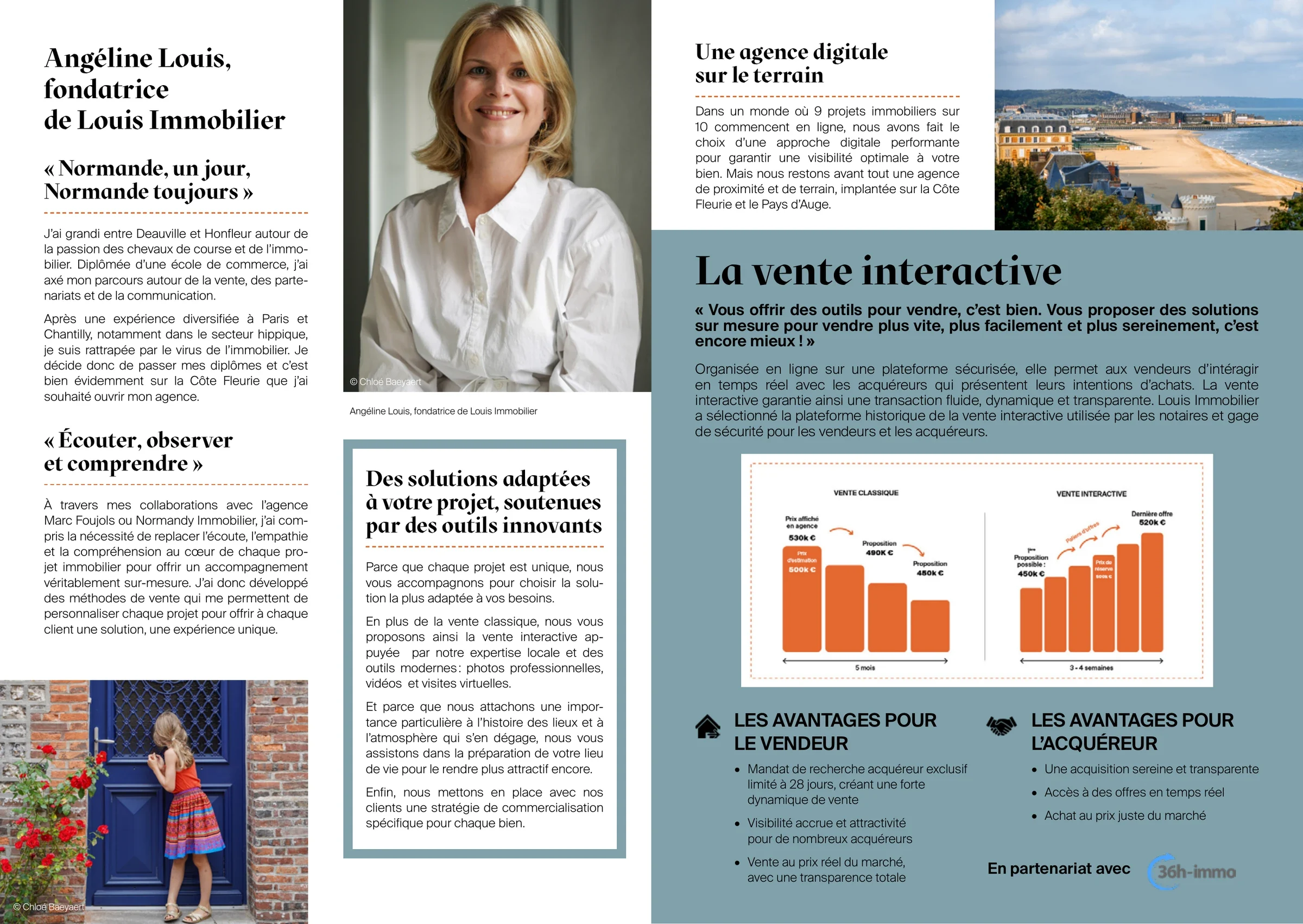 Double page intérieure du leaflet Louis Immobilier associant portrait, paysages normands, textes et schémas commerciaux