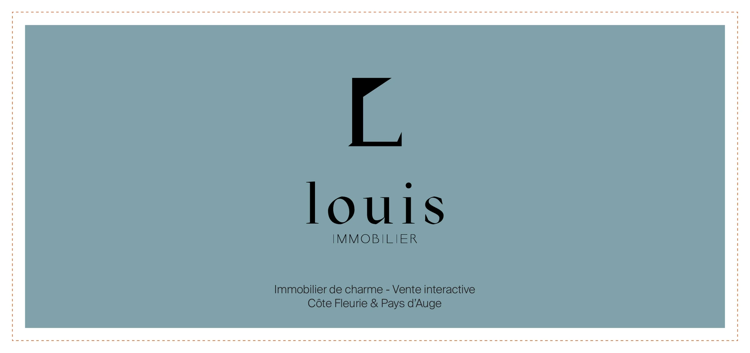 Système de correspondance Louis Immobilier avec monogramme noir sur fond bleu et ligne orange discontinue