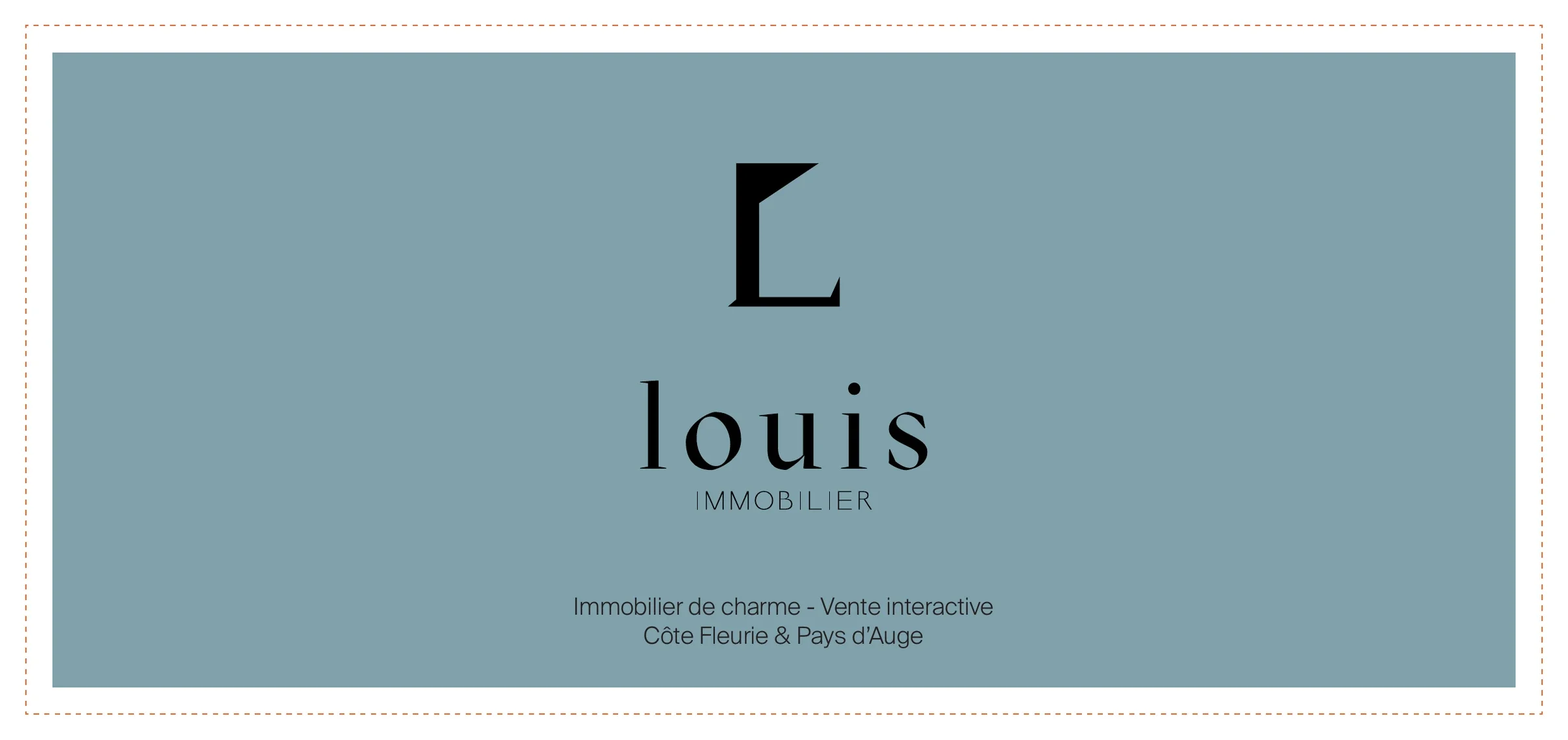 Système de correspondance Louis Immobilier avec monogramme noir sur fond bleu et ligne orange discontinue