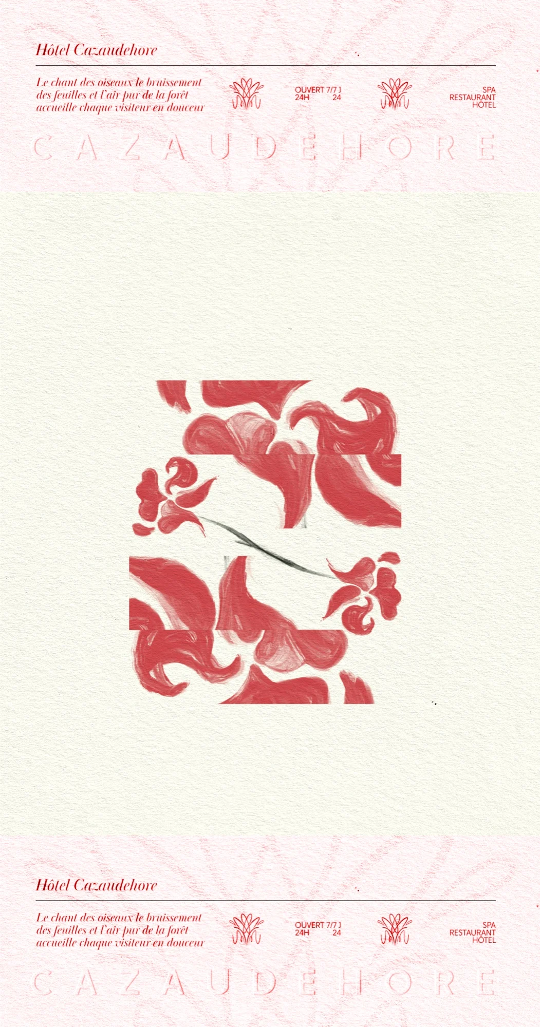 Planche verticale Cazaudehore mêlant motif floral peint, nom de la maison et informations d’accueil