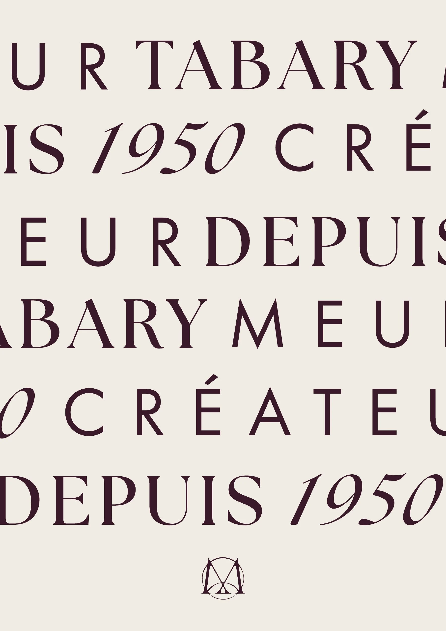 Composition typographique bordeaux répétant le nom Tabary, l’année 1950 et la notion de créateur