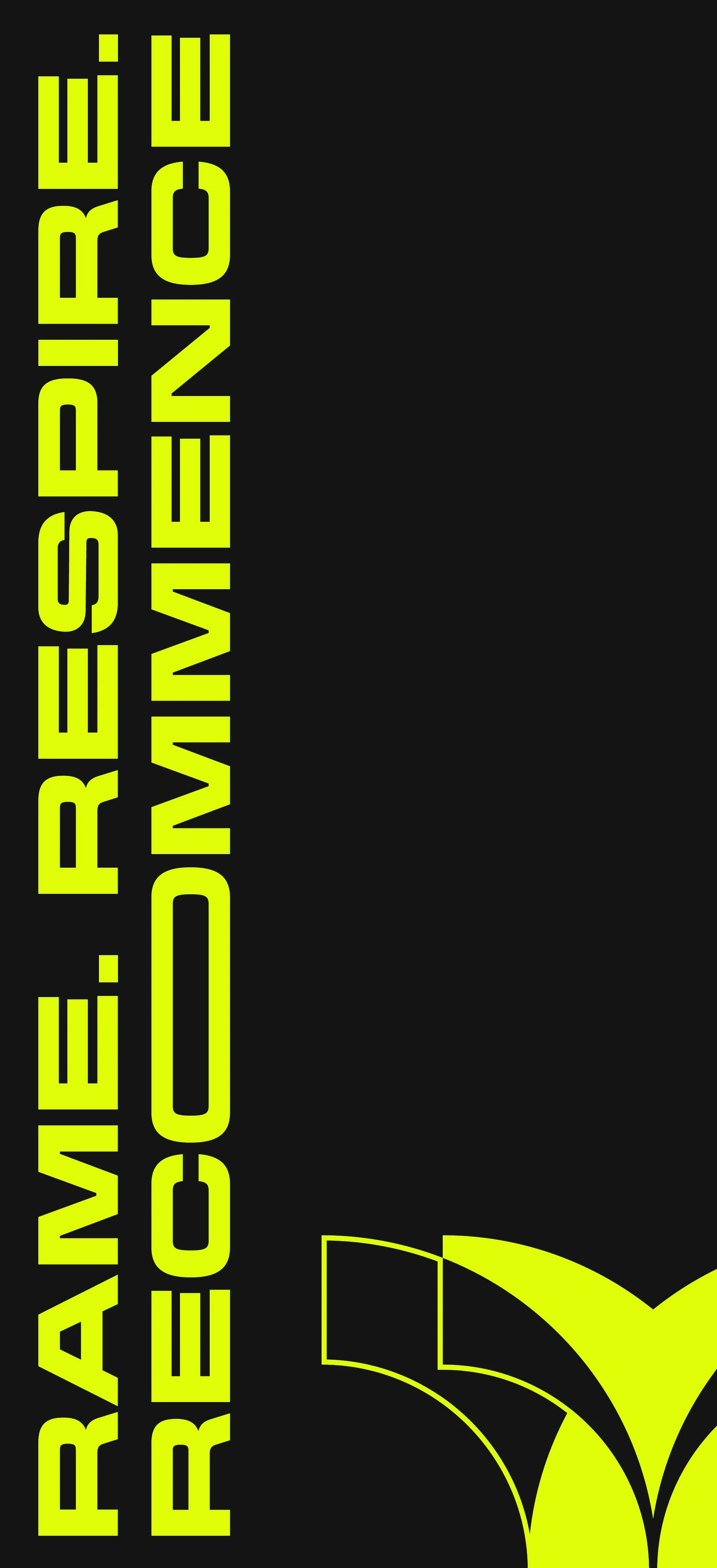 Composition verticale jaune électrique sur fond noir portant les mots rame, respire et recommence