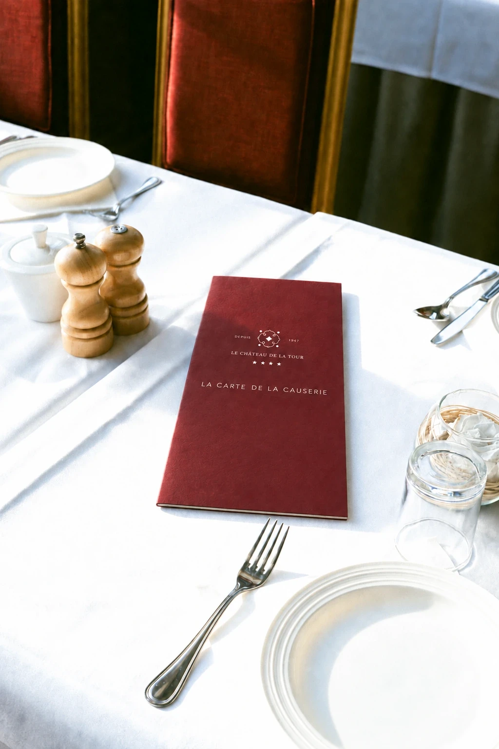 Couverture bordeaux de La Causerie, avec le logo et le titre seuls, sur une table de restaurant — mise en situation conceptuelle générée