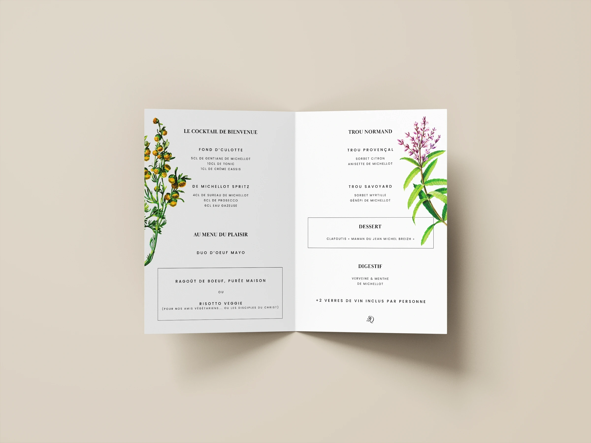 Mise en situation du menu Jean-Michel Breizh × De Michellot ouvert, textes et illustrations botaniques sur papier blanc